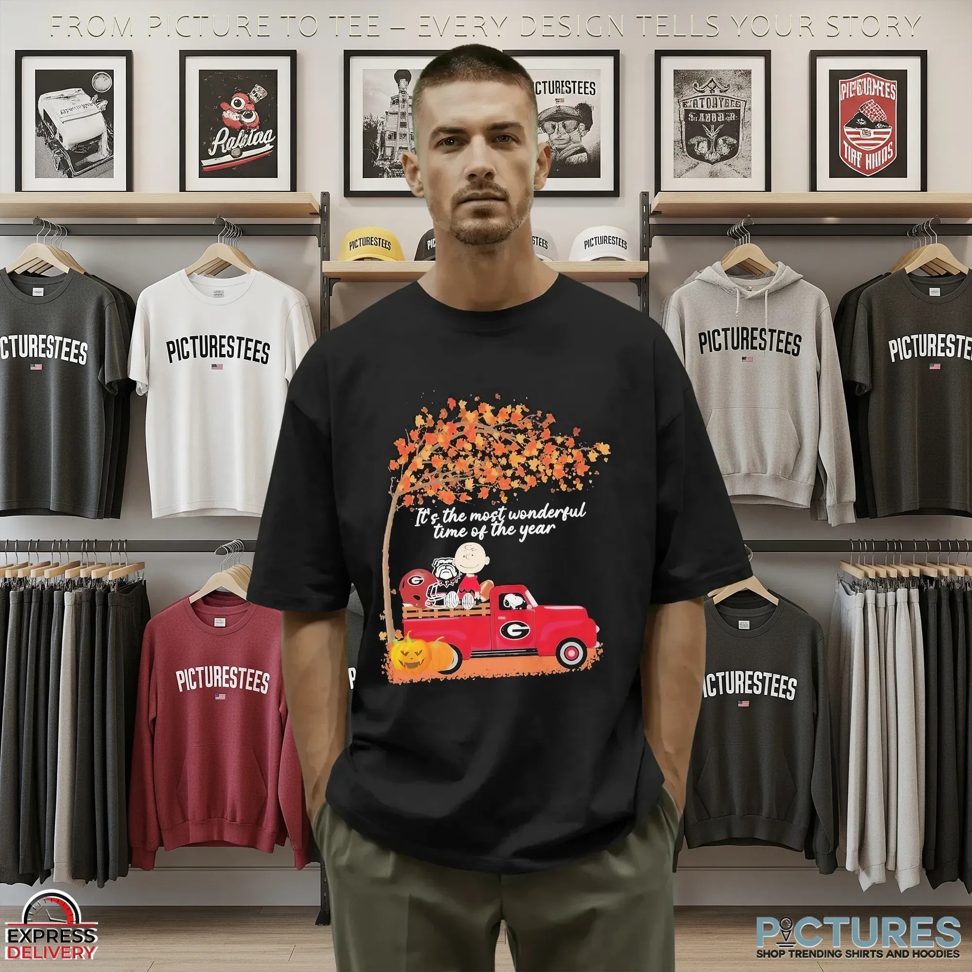Snoopy And Charlie Brown The Peanuts Georgia Bulldogs Fall It’s The Most Wonderful Time Of The Year Mashup T Shirt