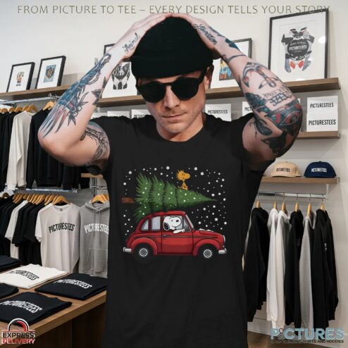 Snoopy Driving Car With Woodstock And Christmas Tree 2025 Christmas Peanuts Holiday Winter Snow T Shirt