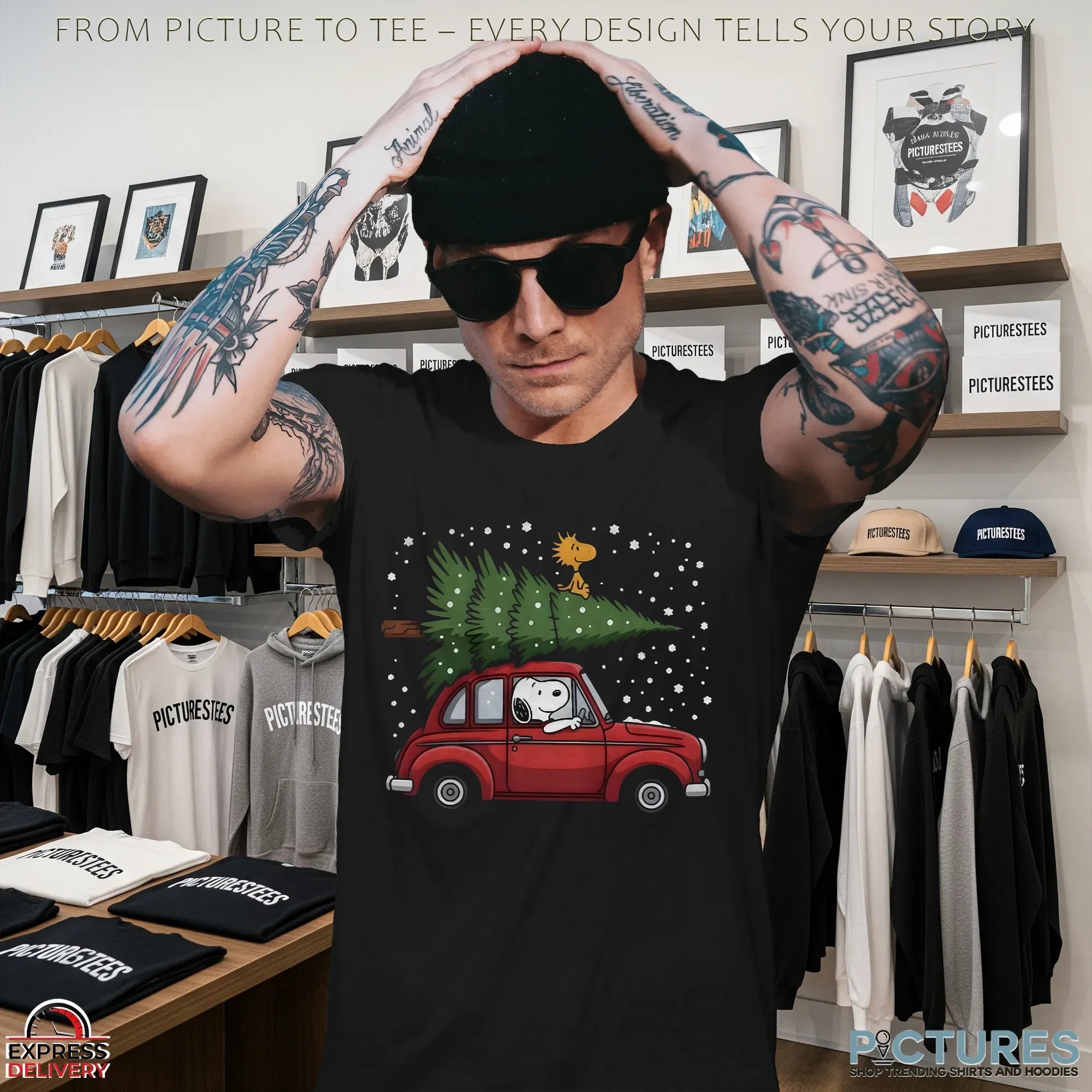 Snoopy Driving Car With Woodstock And Christmas Tree 2025 Christmas Peanuts Holiday Winter Snow T Shirt