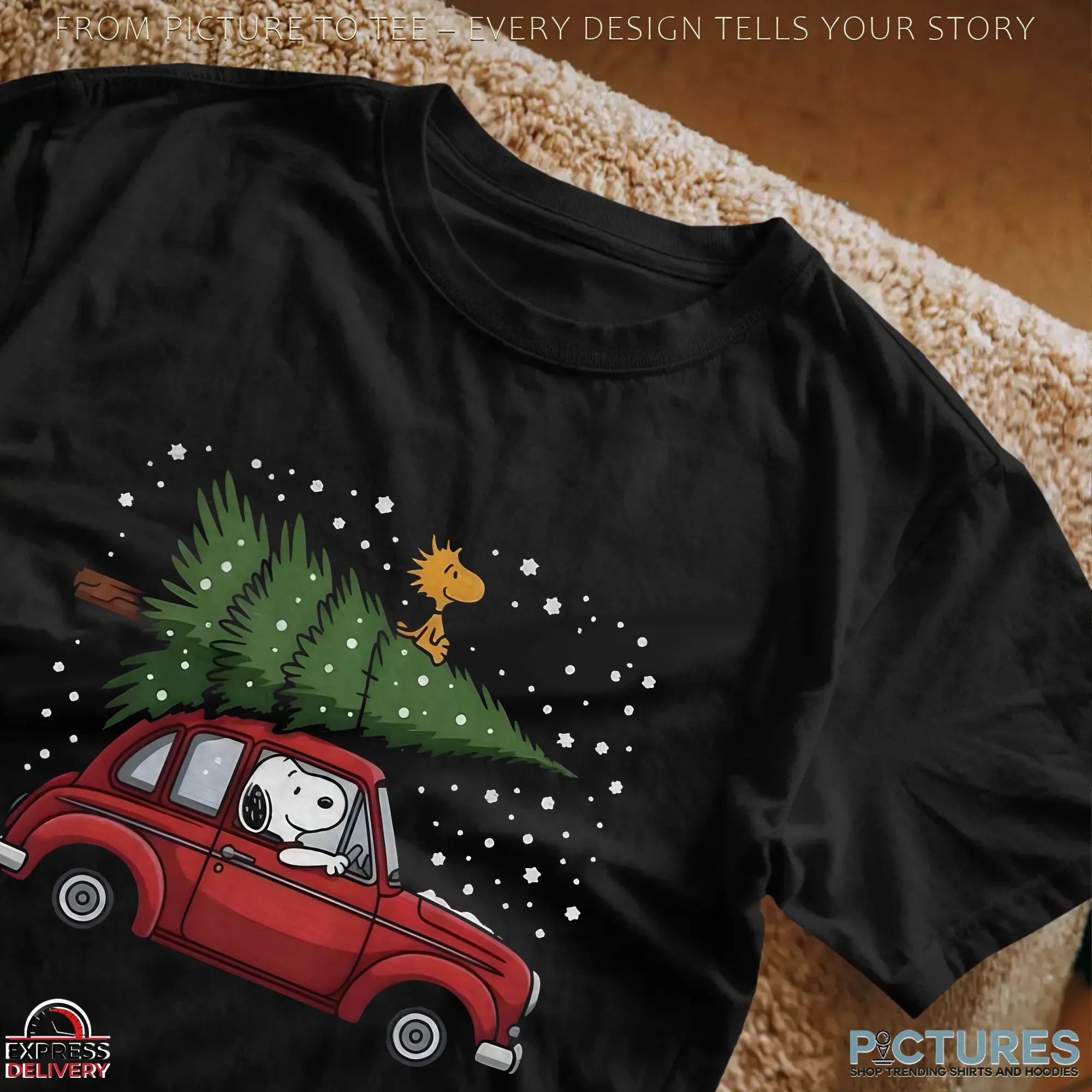 Snoopy Driving Car With Woodstock And Christmas Tree 2025 Christmas Peanuts Holiday Winter Snow T Shirt