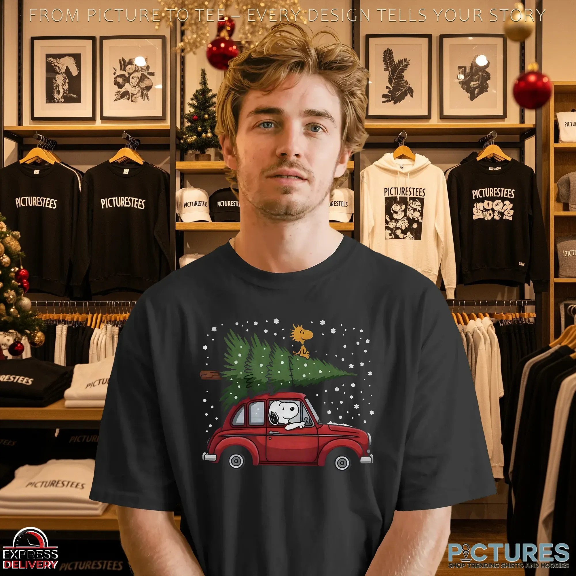 Snoopy Driving Car With Woodstock And Christmas Tree 2025 Christmas Peanuts Holiday Winter Snow T Shirt