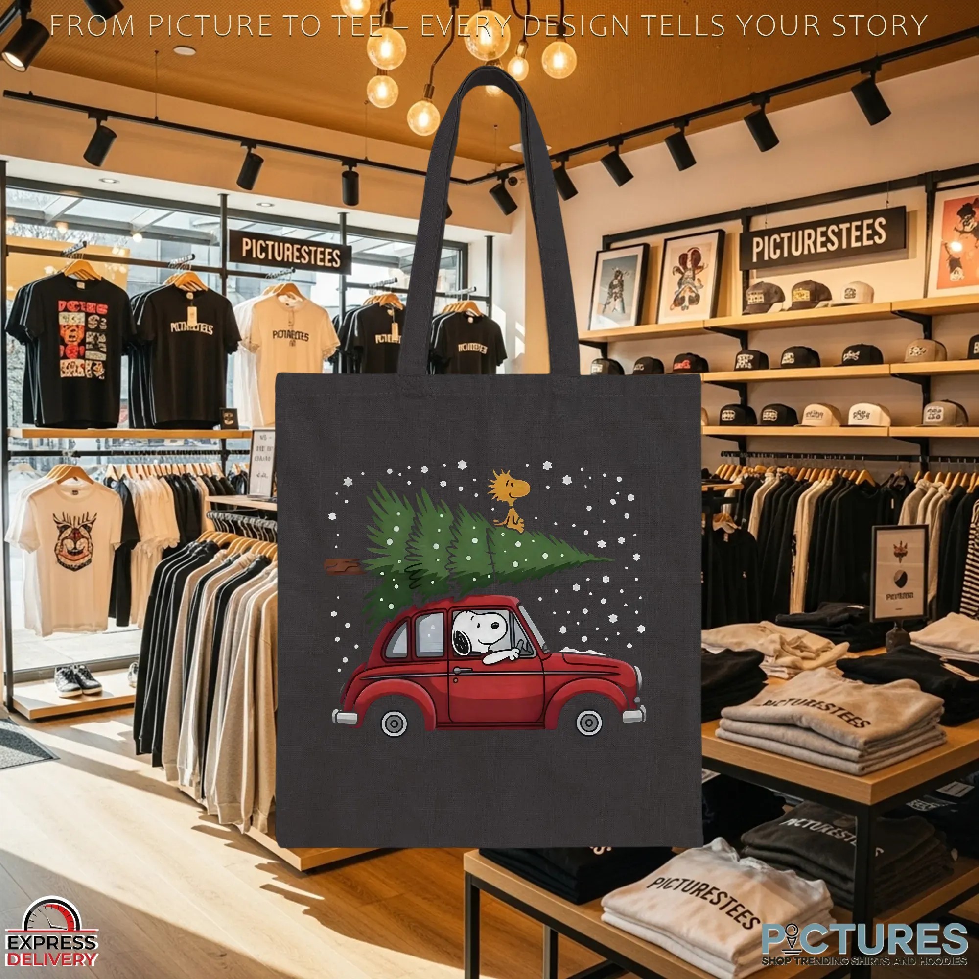 Snoopy Driving Car With Woodstock And Christmas Tree 2025 Christmas Peanuts Holiday Winter Snow T Shirt
