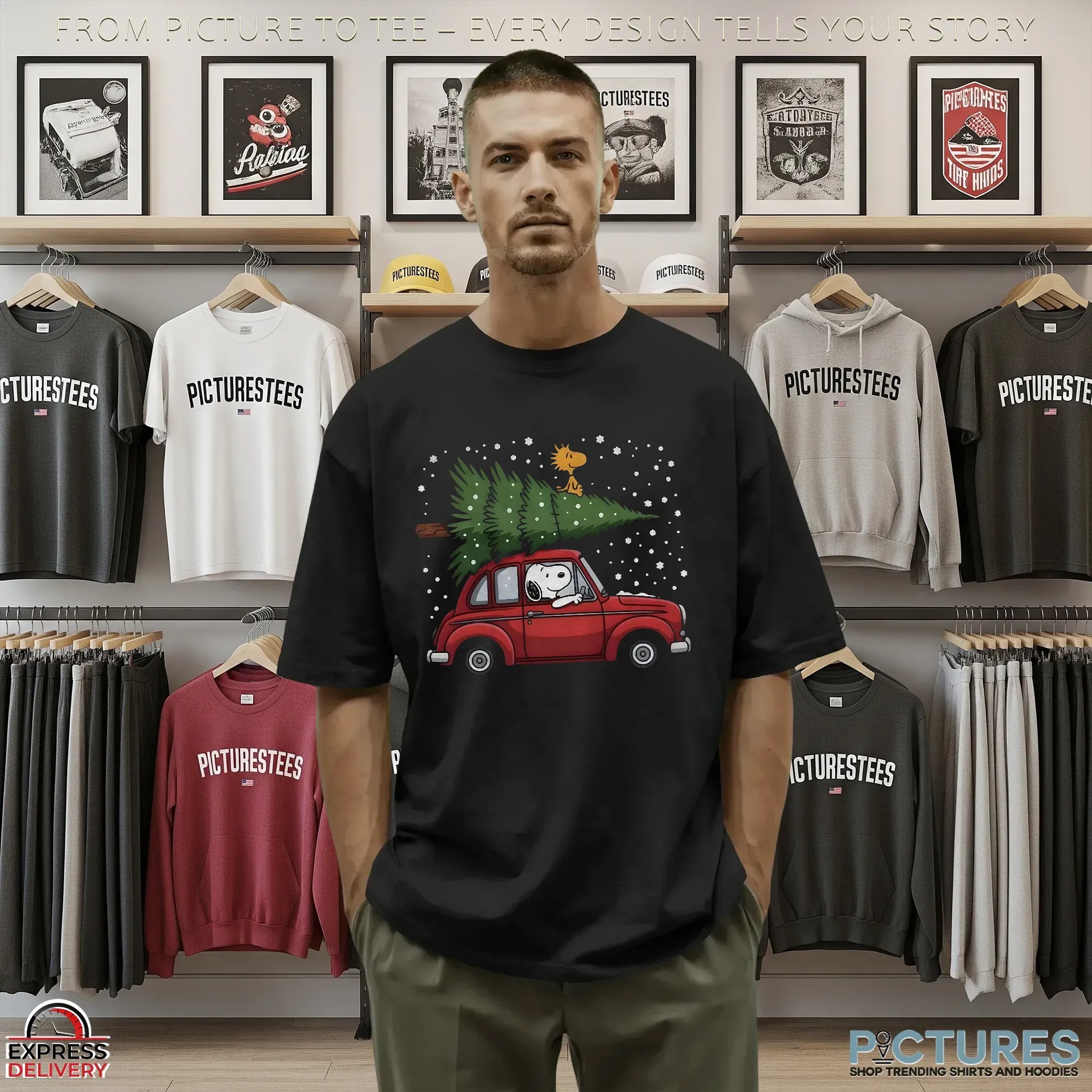 Snoopy Driving Car With Woodstock And Christmas Tree 2025 Christmas Peanuts Holiday Winter Snow T Shirt