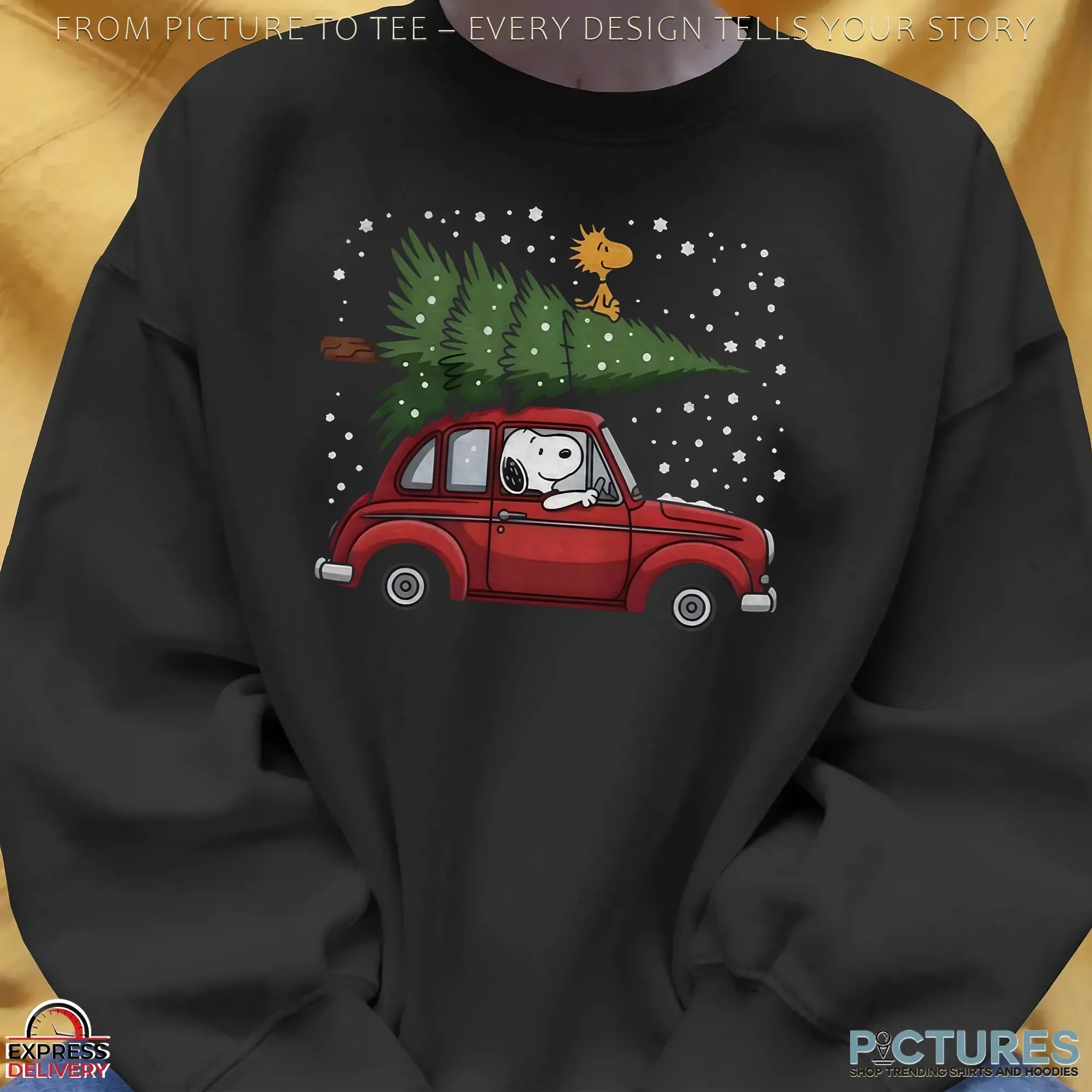 Snoopy Driving Car With Woodstock And Christmas Tree 2025 Christmas Peanuts Holiday Winter Snow T Shirt