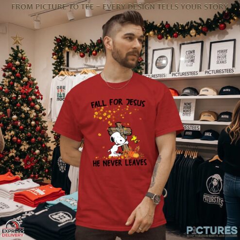Snoopy Fall For Jesus He Never Leave Christian Halloween T Shirt