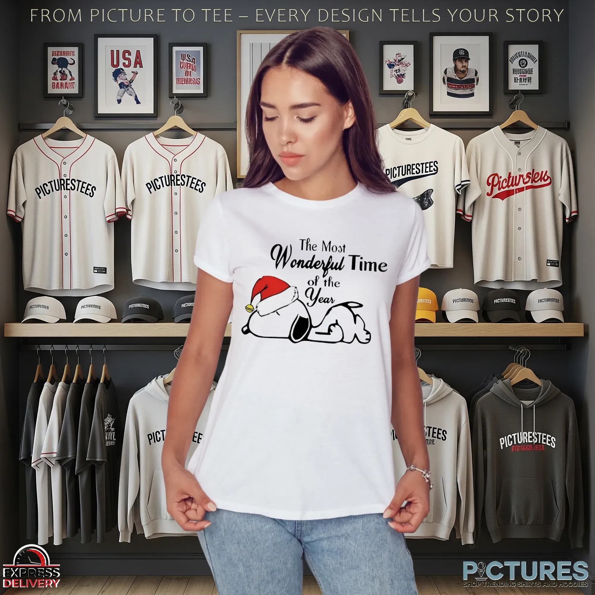Snoopy Peanuts Santa Hat The Most Wonderful Time Of The Year Christmas Holiday T Shirt