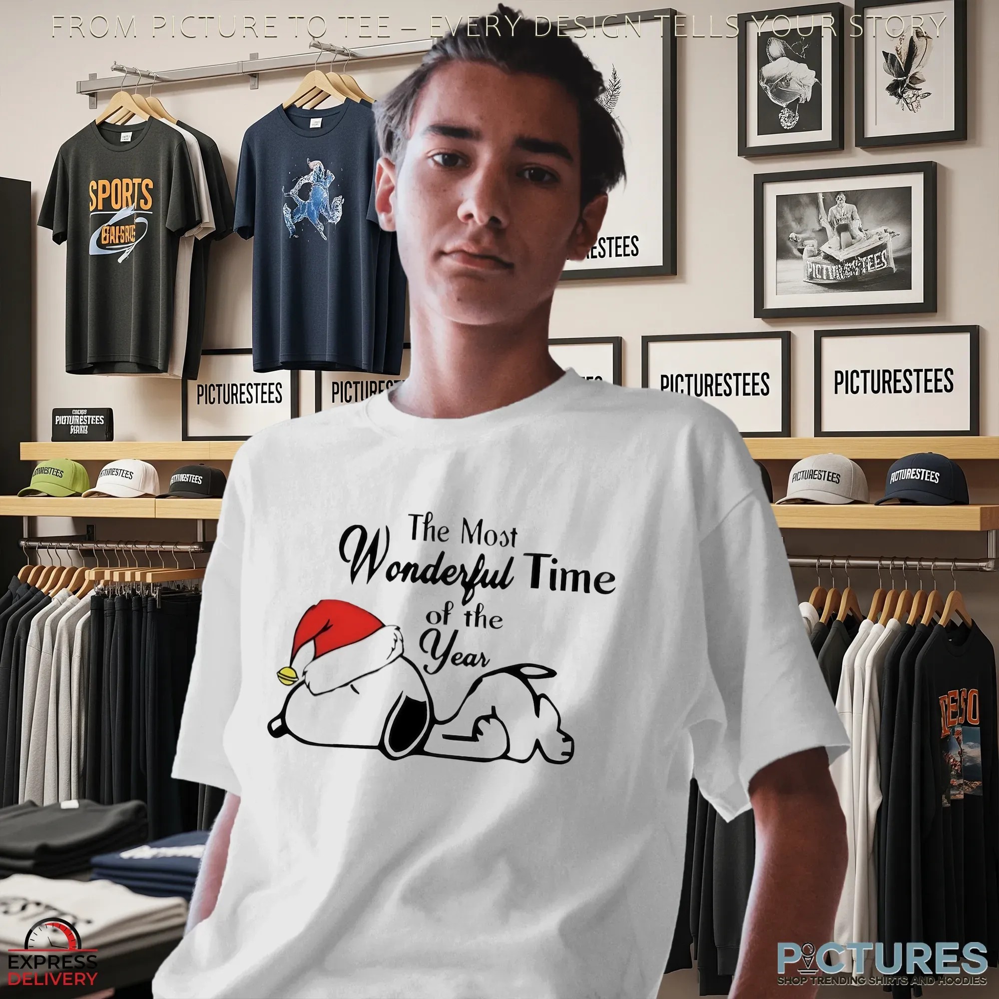 Snoopy Peanuts Santa Hat The Most Wonderful Time Of The Year Christmas Holiday T Shirt