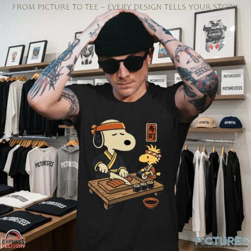 Snoopy and Woodstock Sushi Chef Peanuts Japanese Cooking Graphic T Shirt