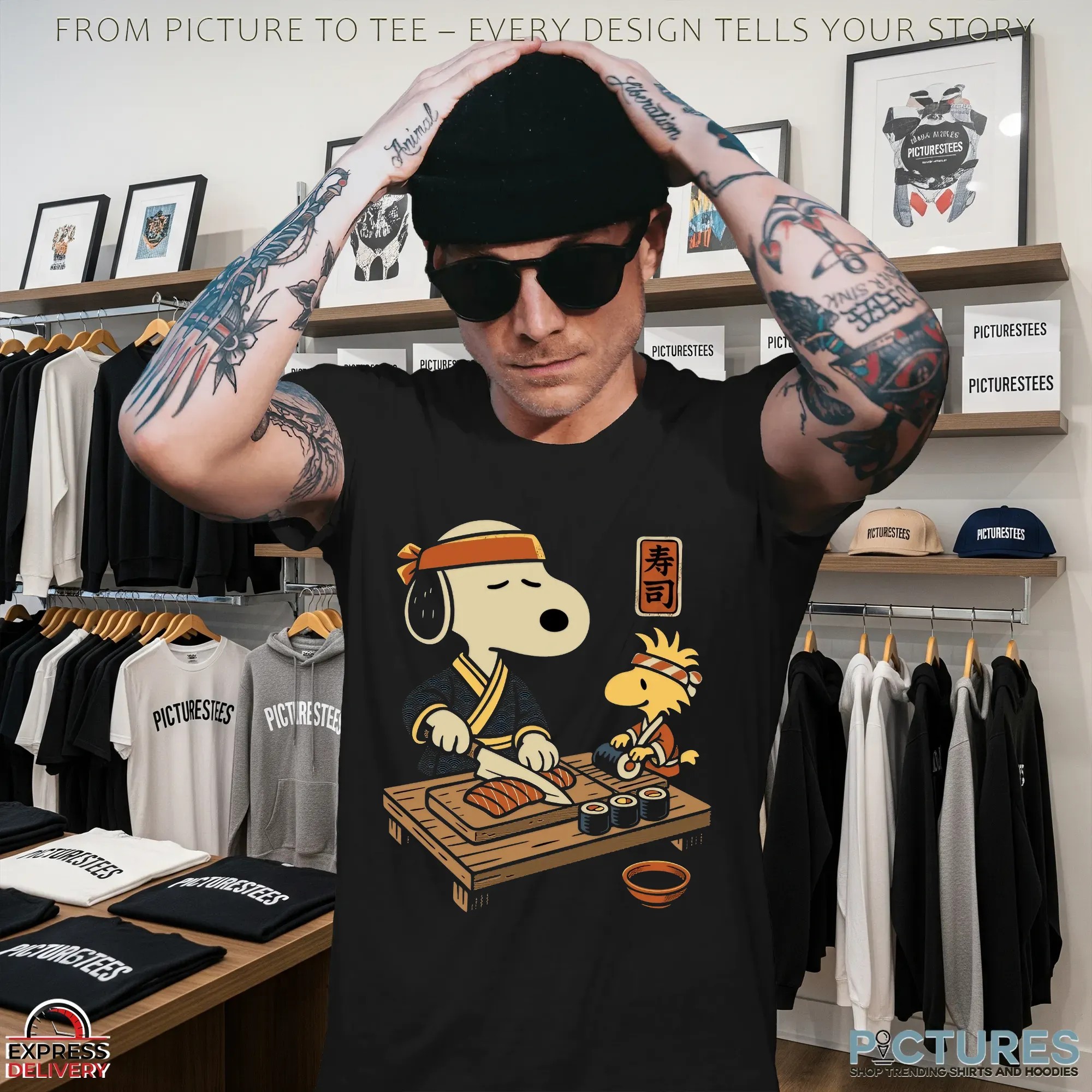 Snoopy and Woodstock Sushi Chef Peanuts Japanese Cooking Graphic T Shirt
