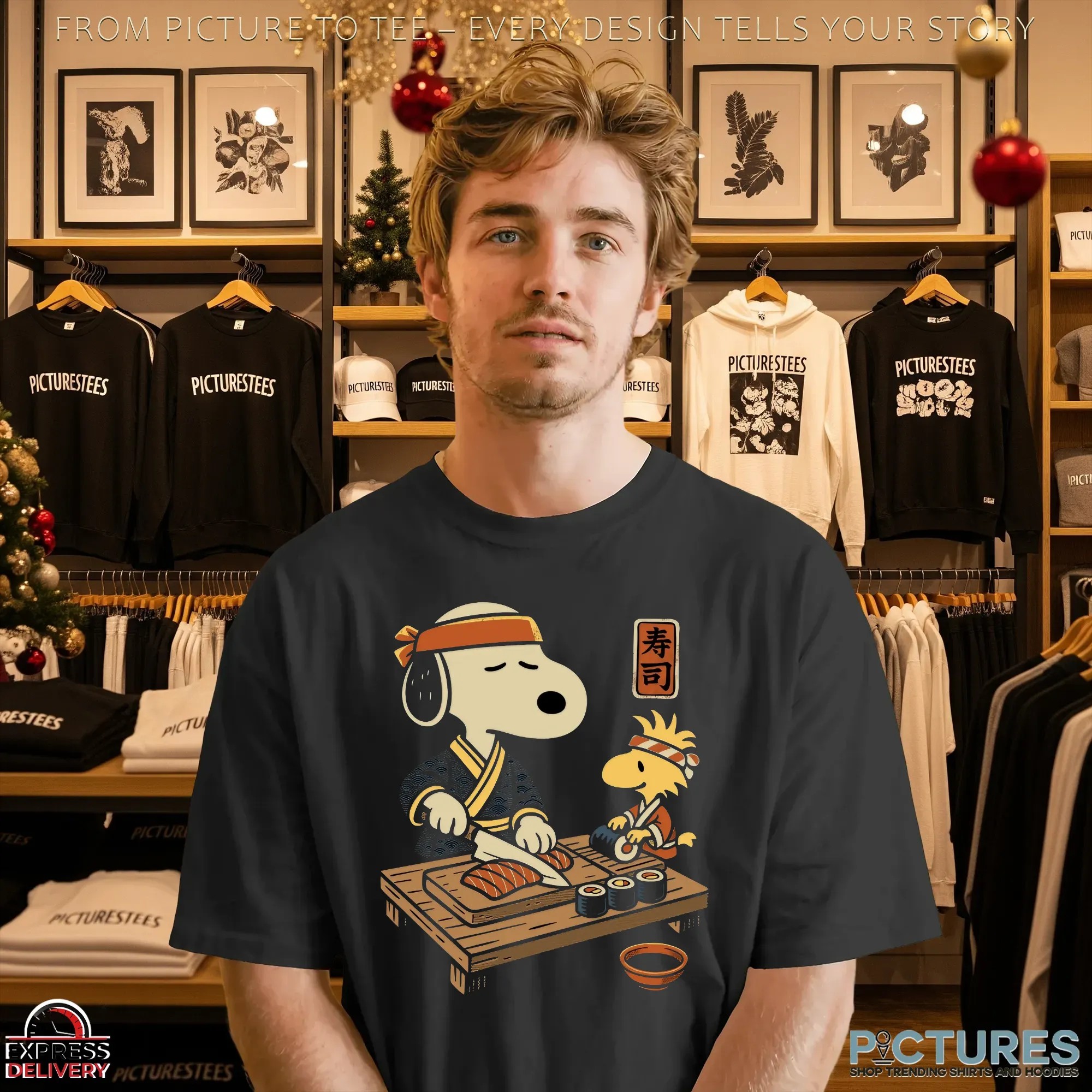 Snoopy and Woodstock Sushi Chef Peanuts Japanese Cooking Graphic T Shirt