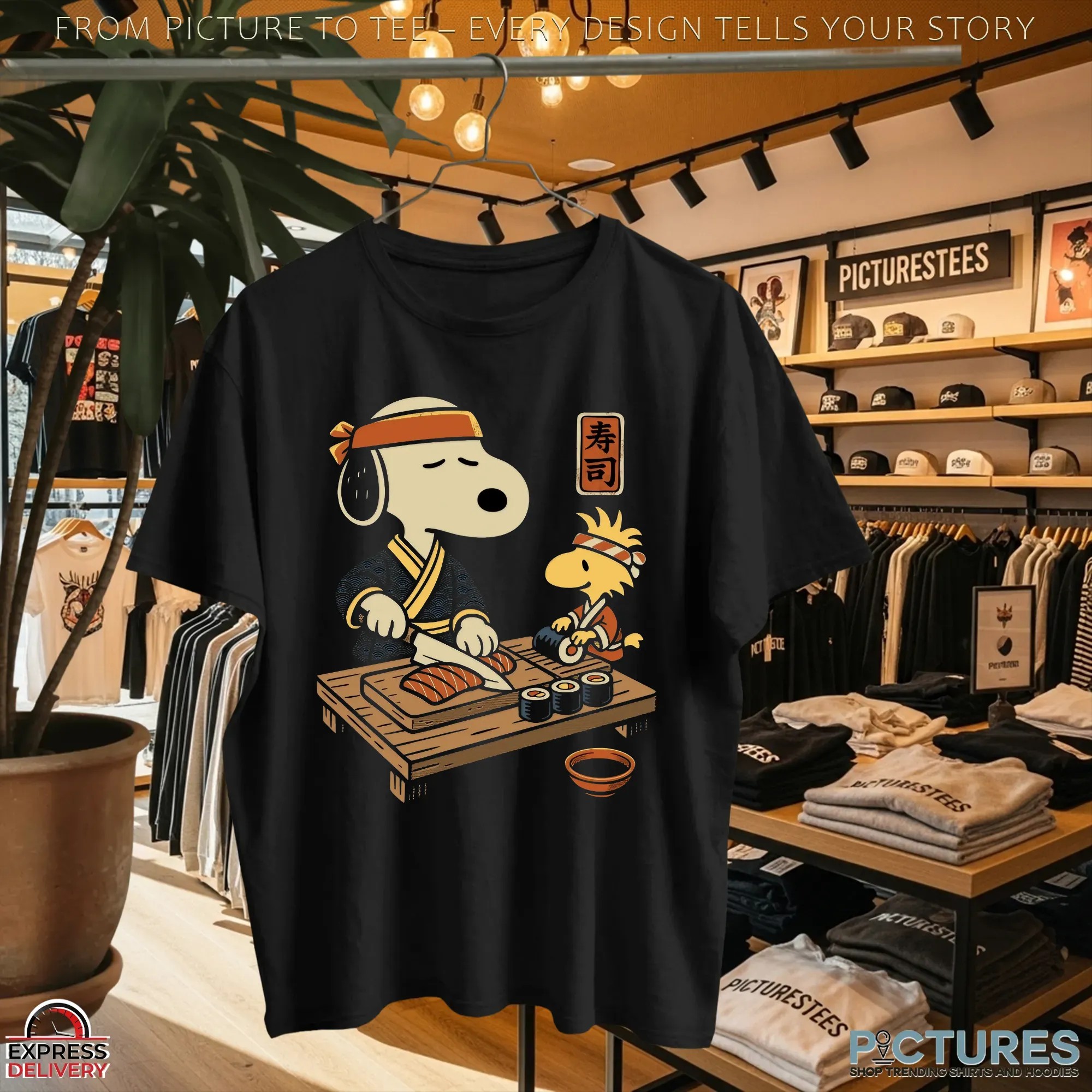 Snoopy and Woodstock Sushi Chef Peanuts Japanese Cooking Graphic T Shirt