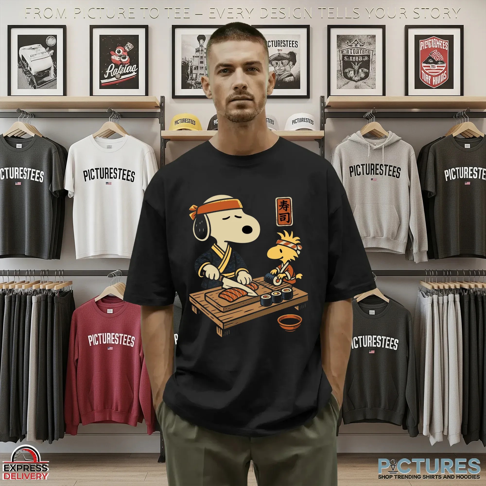 Snoopy and Woodstock Sushi Chef Peanuts Japanese Cooking Graphic T Shirt