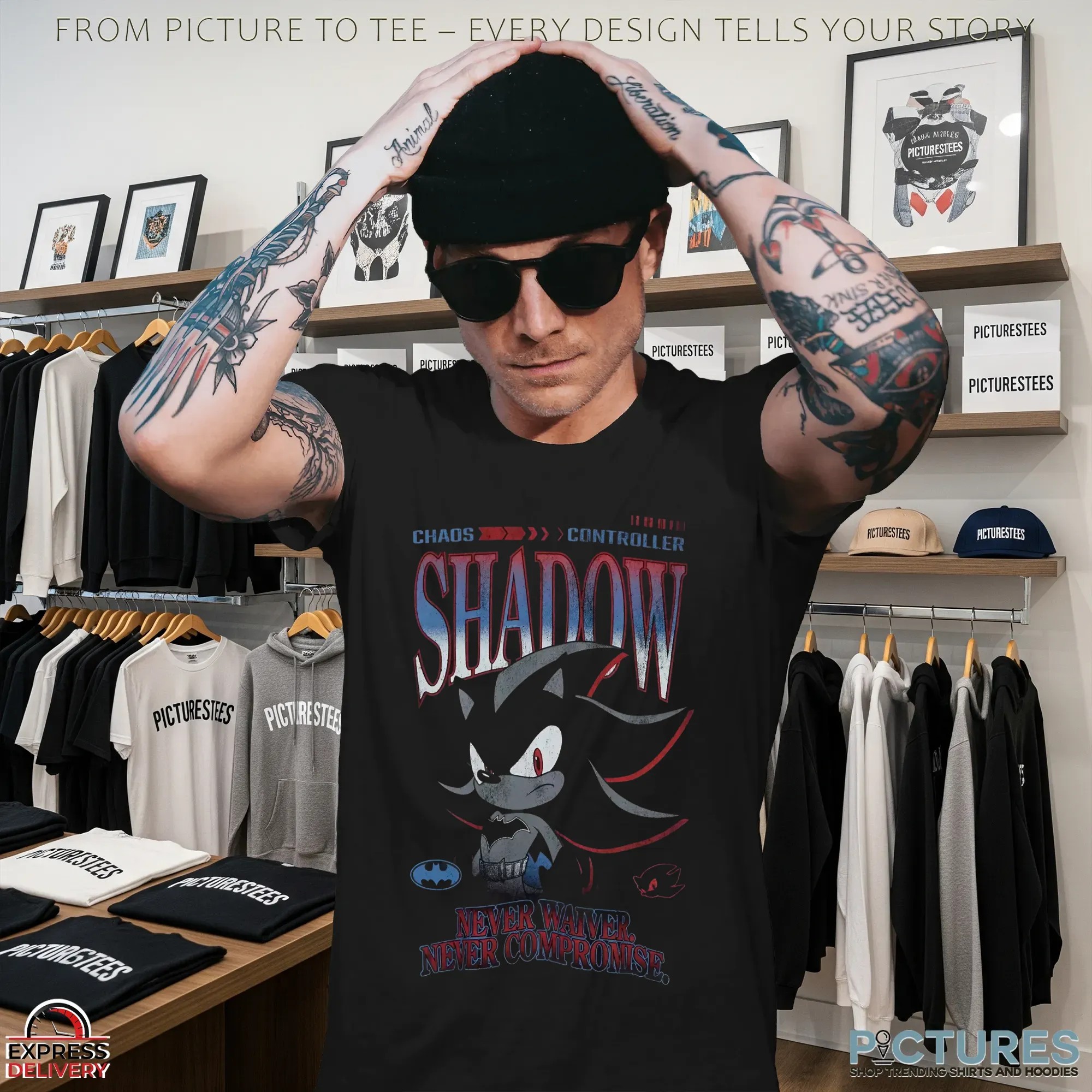 Sonic the Hedgehog Chaos Controller DC Comics Shadow x Batman Never Waiver Never Compromise T Shirt