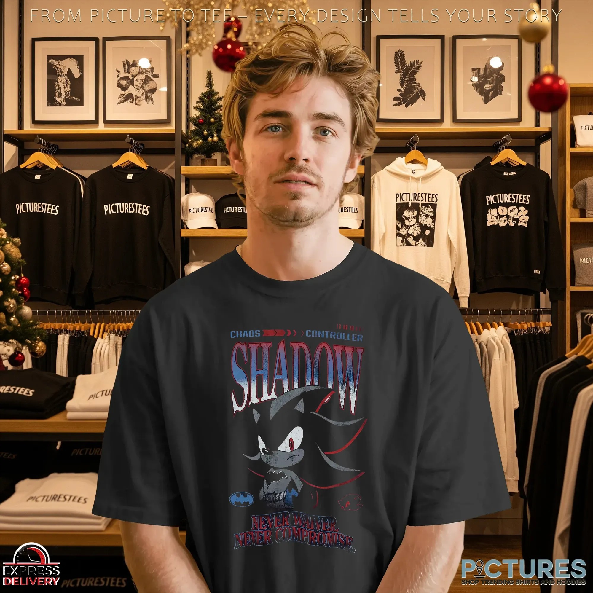 Sonic the Hedgehog Chaos Controller DC Comics Shadow x Batman Never Waiver Never Compromise T Shirt
