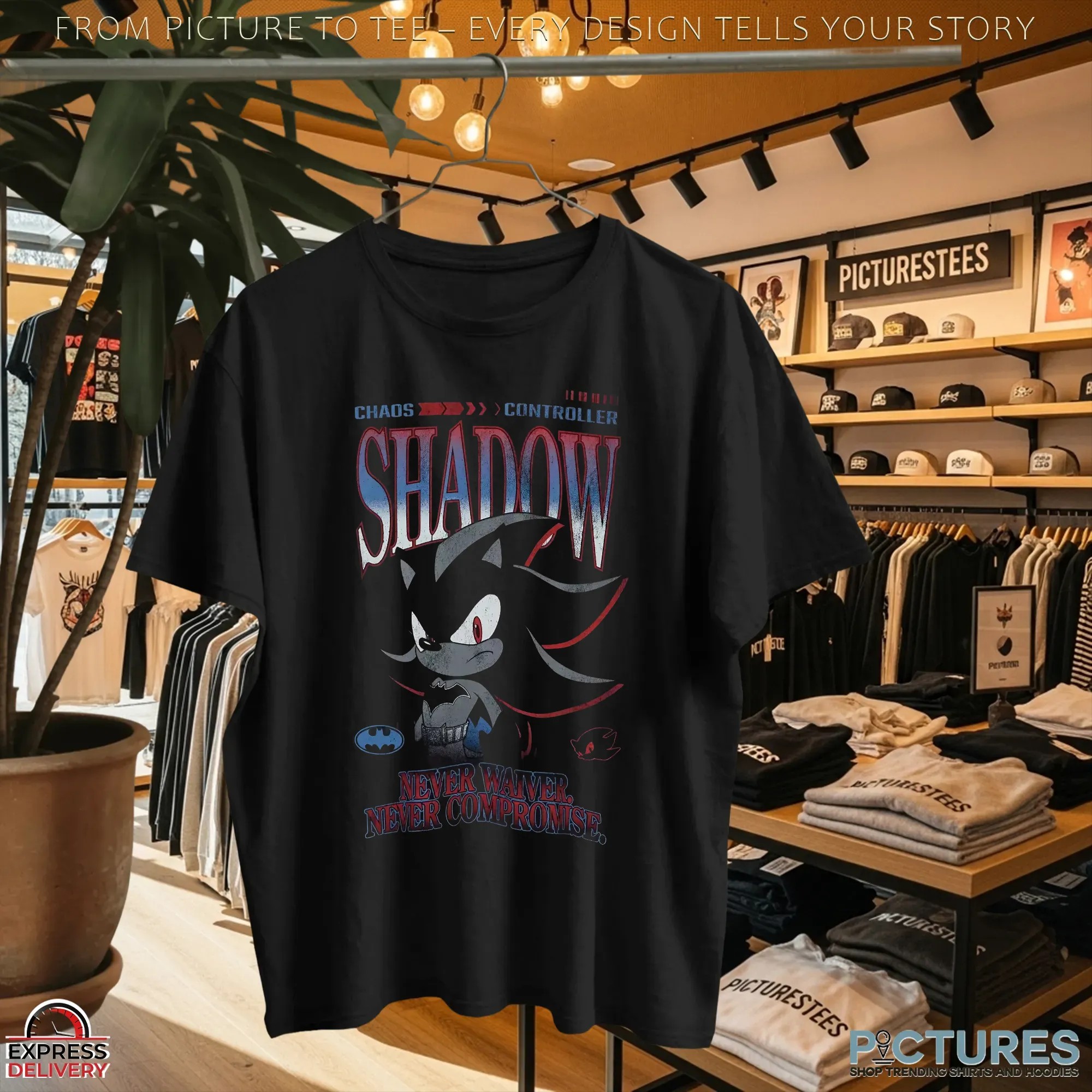 Sonic the Hedgehog Chaos Controller DC Comics Shadow x Batman Never Waiver Never Compromise T Shirt