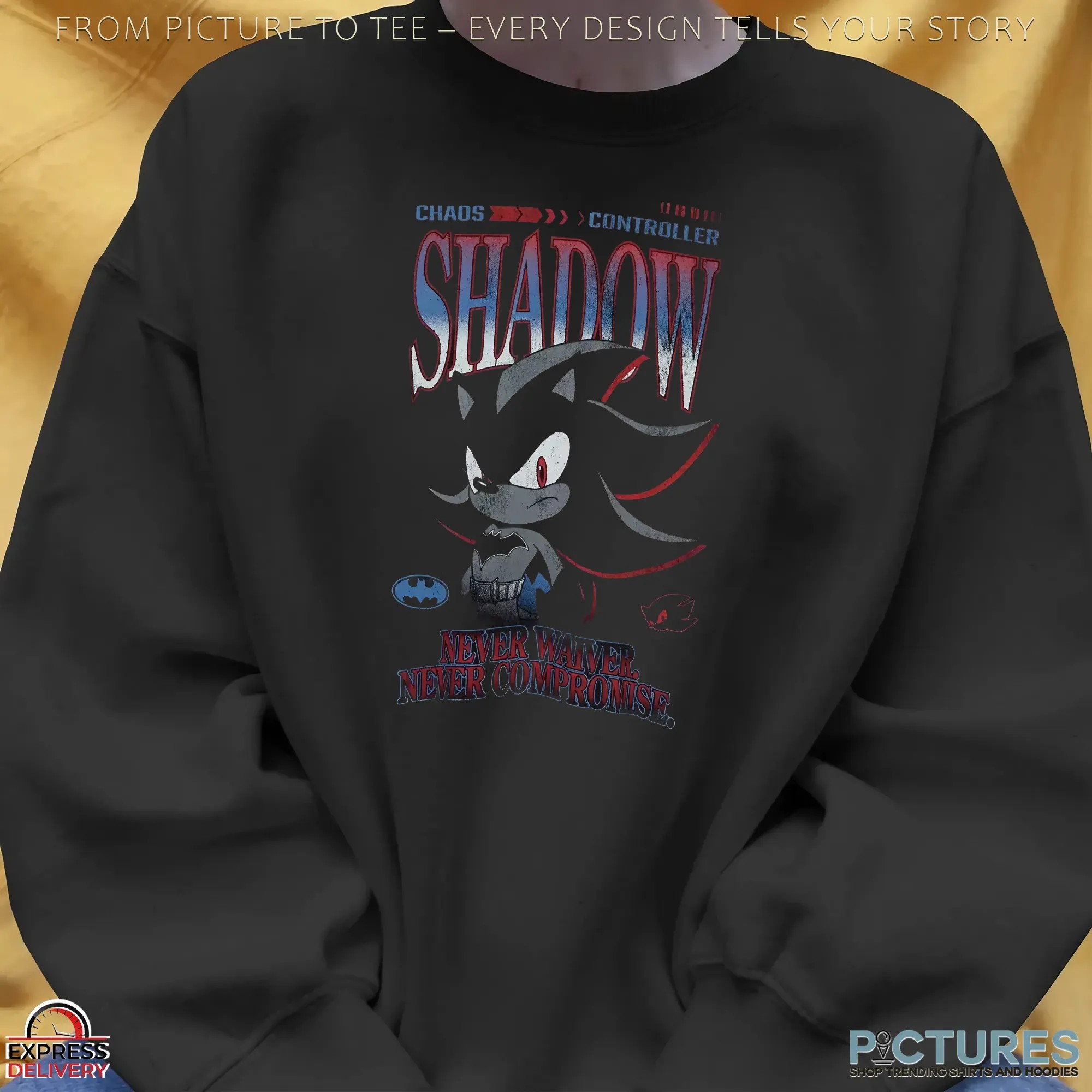 Sonic the Hedgehog Chaos Controller DC Comics Shadow x Batman Never Waiver Never Compromise T Shirt