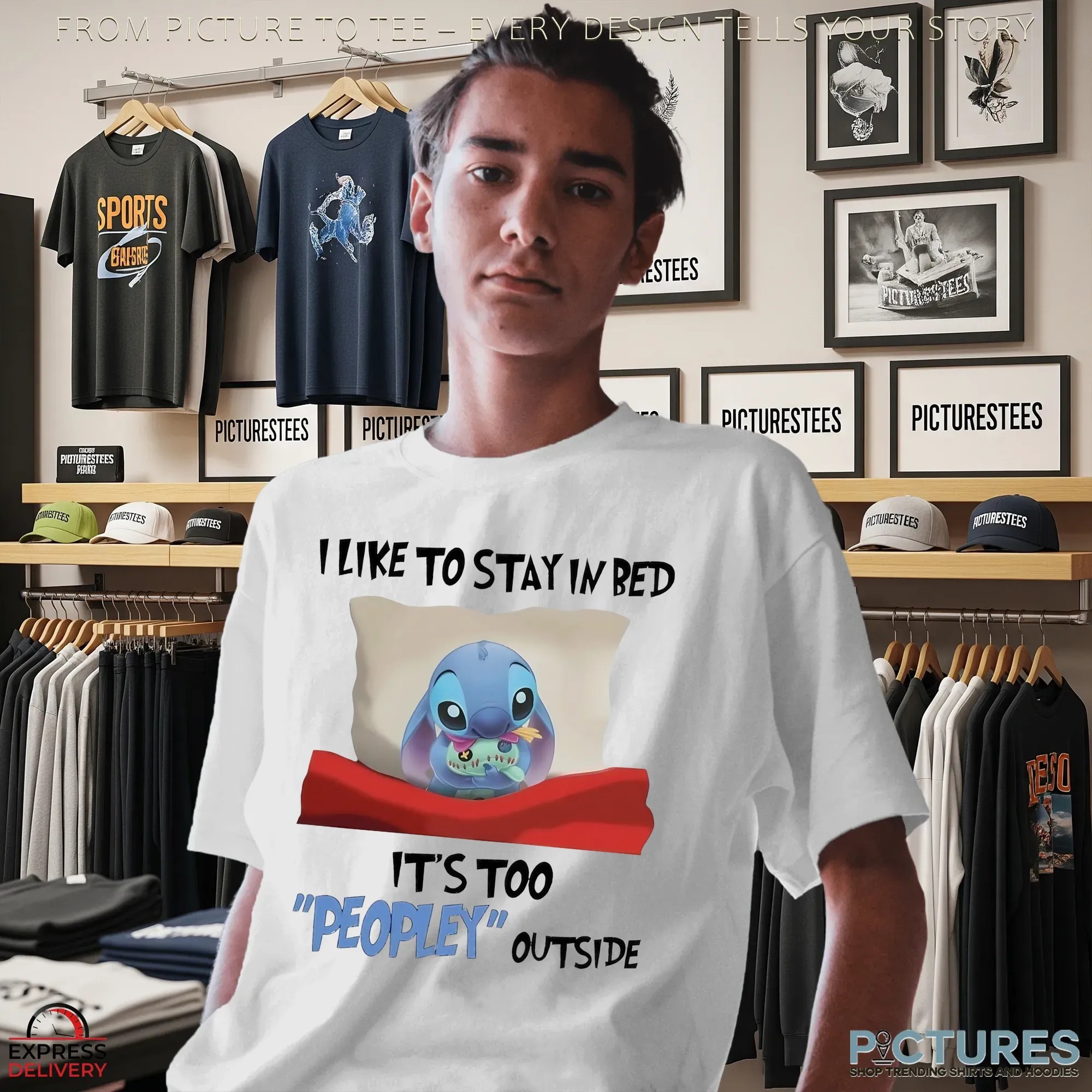 Stitch I Like To Stay In Bed It's Too Peopley Outside Lazy T Shirt