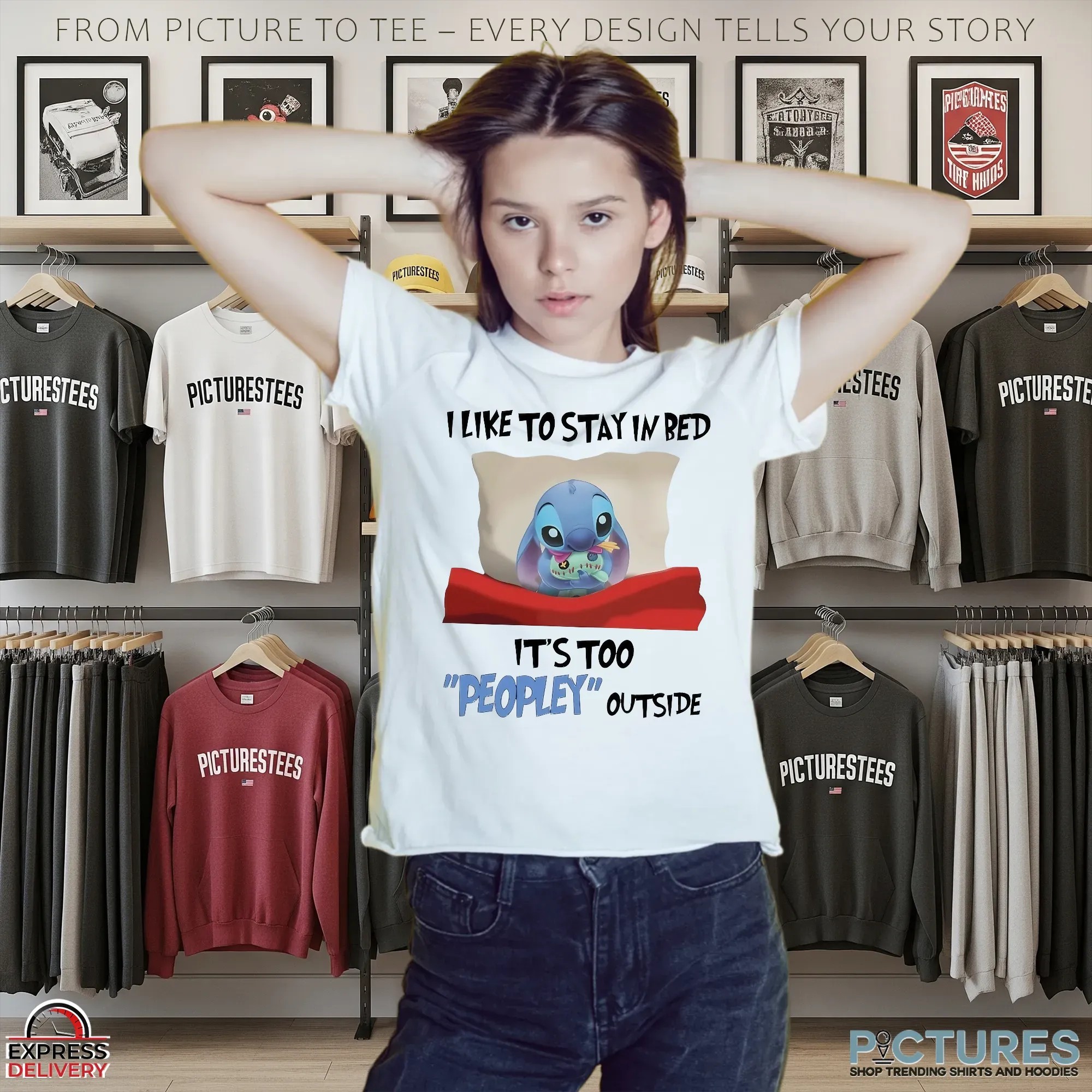 Stitch I Like To Stay In Bed It's Too Peopley Outside Lazy T Shirt
