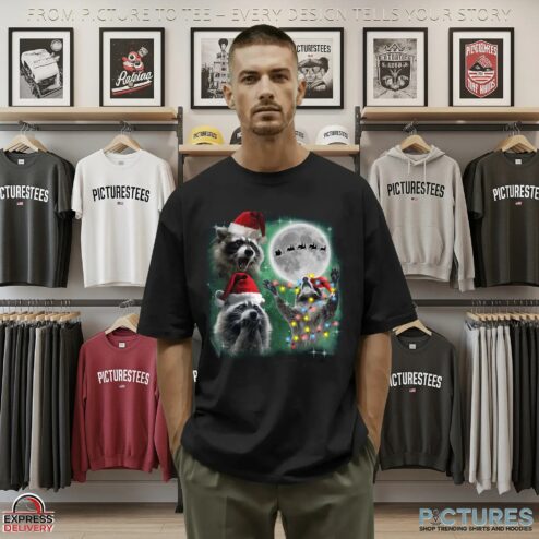 Three Raccoons With The Moon Alpha Wolf Parody Christmas T Shirt