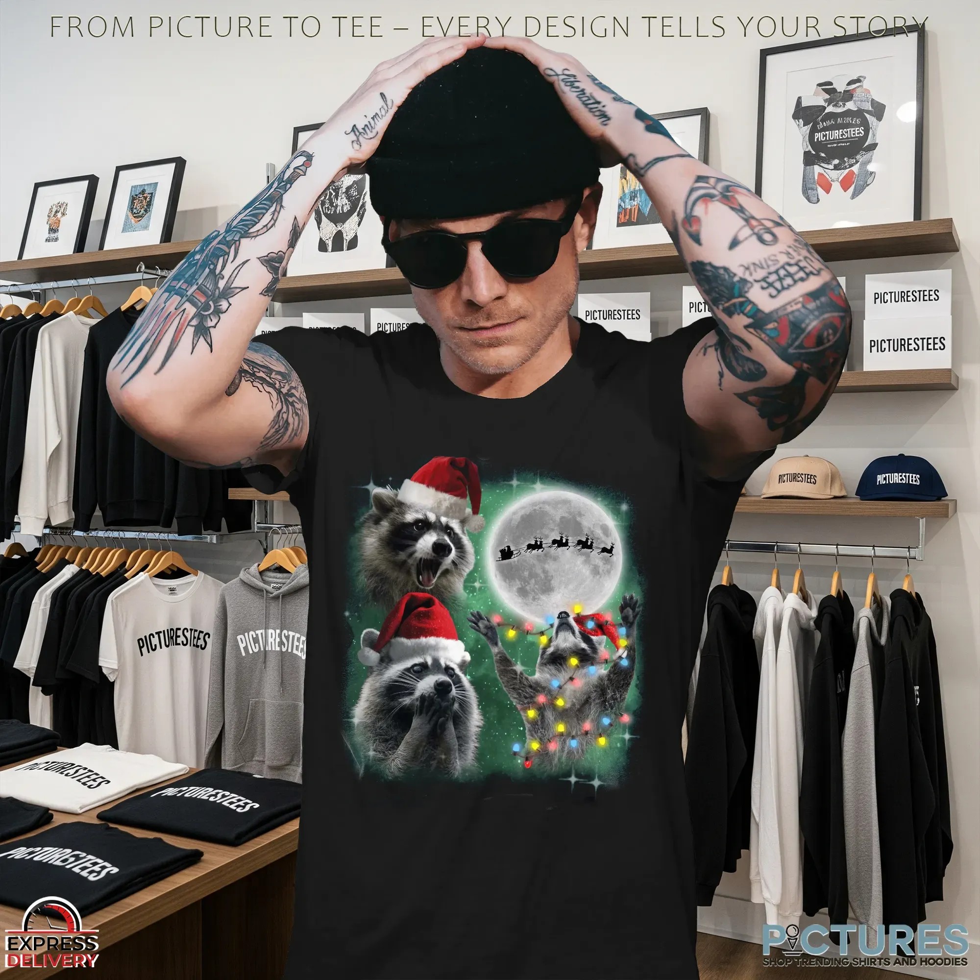 Three Raccoons With The Moon Alpha Wolf Parody Christmas T Shirt