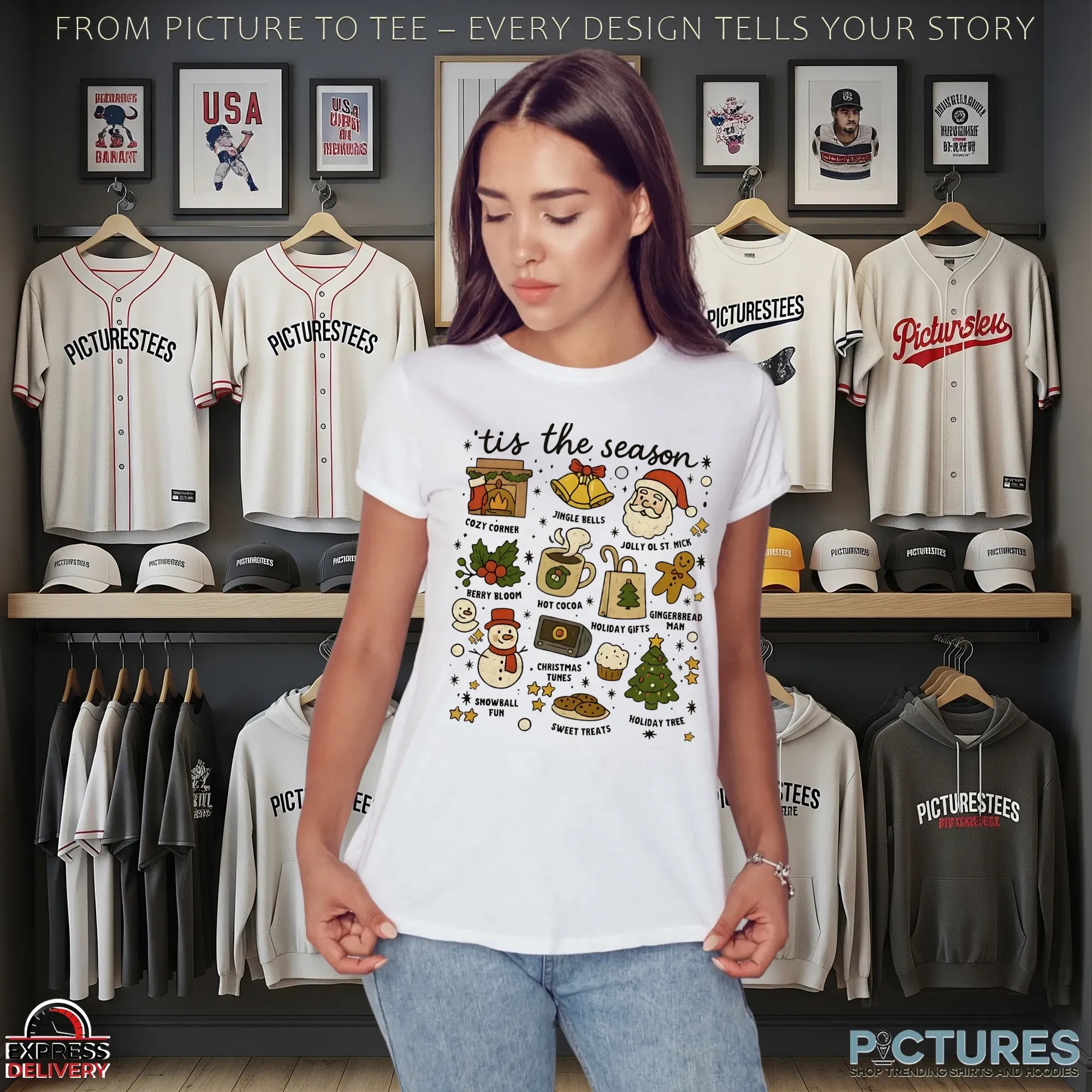 Tis the Season Christmas Icons Holiday Treats, Santa, Tree & Winter Festive Graphic T Shirt