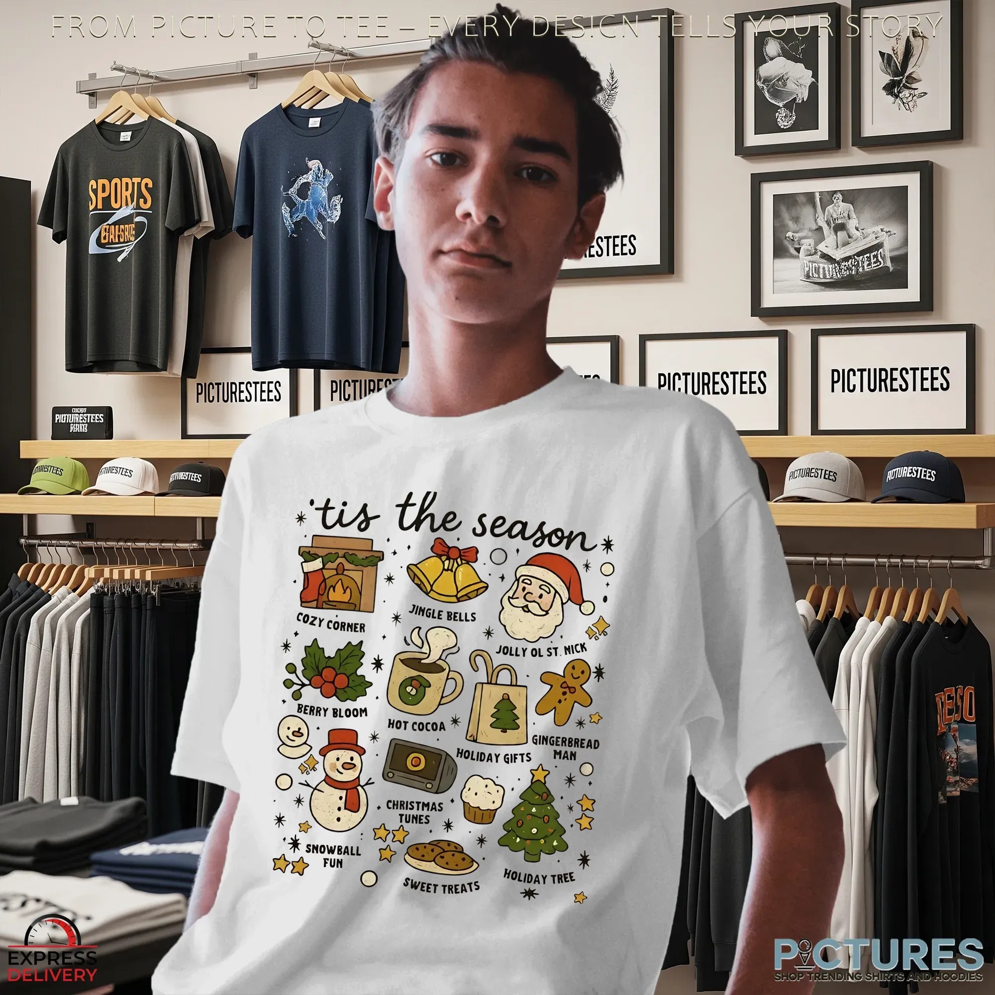 Tis the Season Christmas Icons Holiday Treats, Santa, Tree & Winter Festive Graphic T Shirt