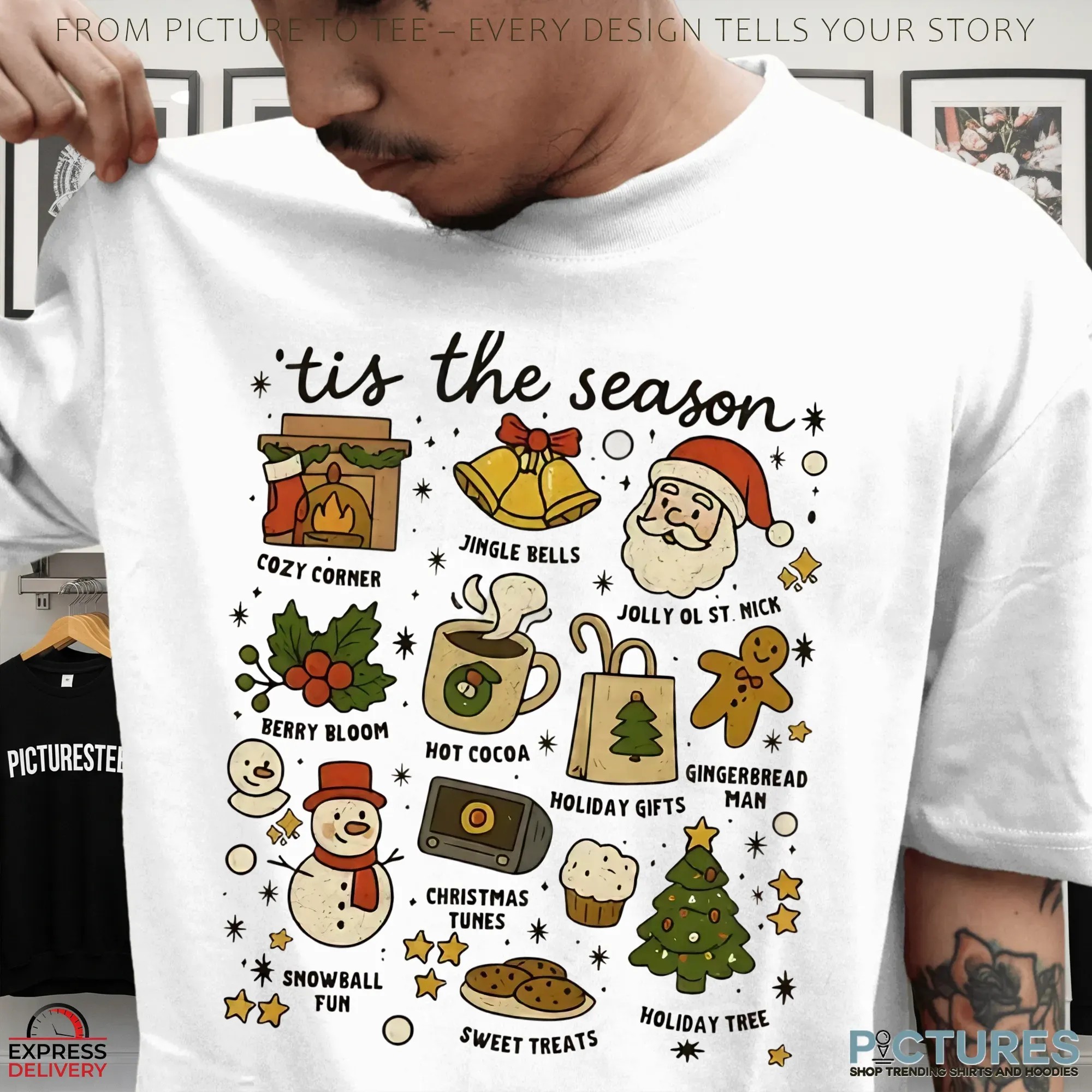 Tis the Season Christmas Icons Holiday Treats, Santa, Tree & Winter Festive Graphic T Shirt