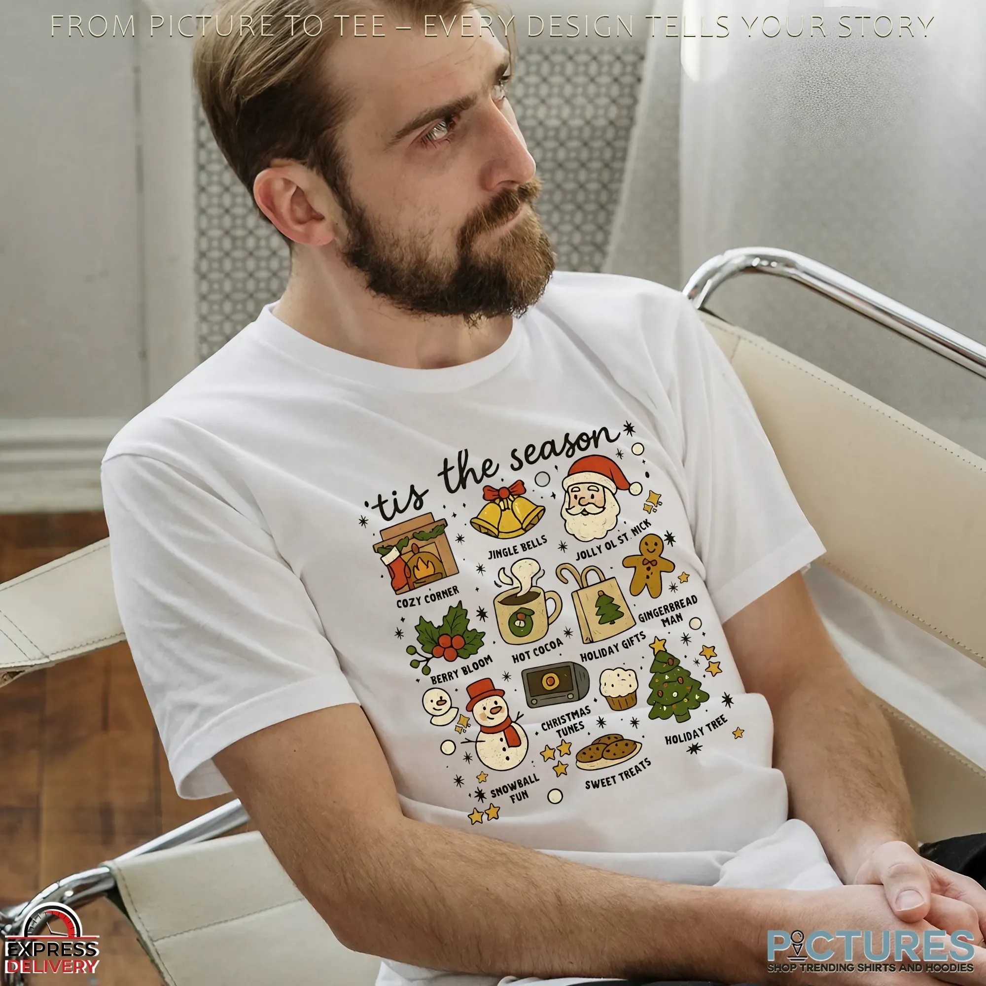 Tis the Season Christmas Icons Holiday Treats, Santa, Tree & Winter Festive Graphic T Shirt