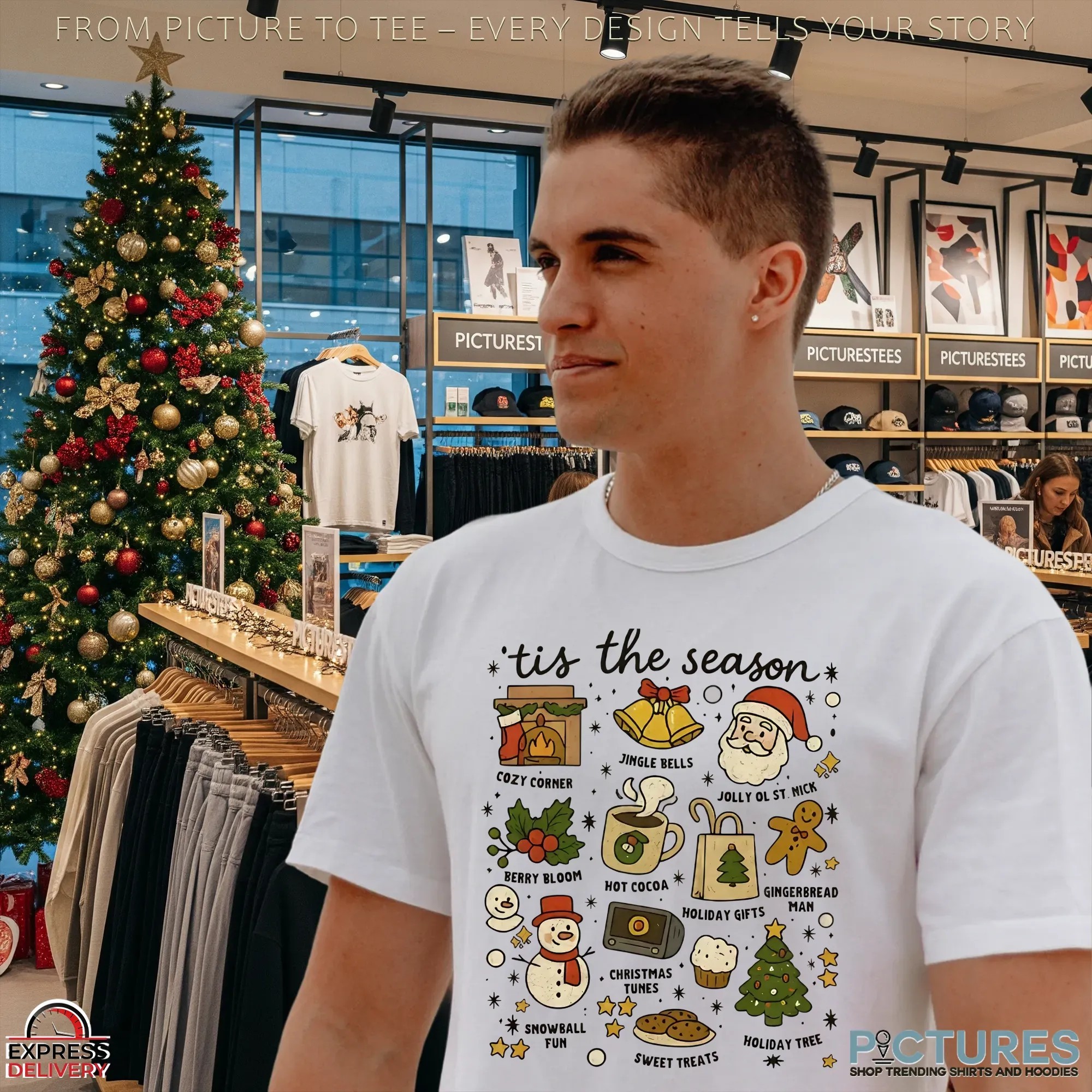 Tis the Season Christmas Icons Holiday Treats, Santa, Tree & Winter Festive Graphic T Shirt