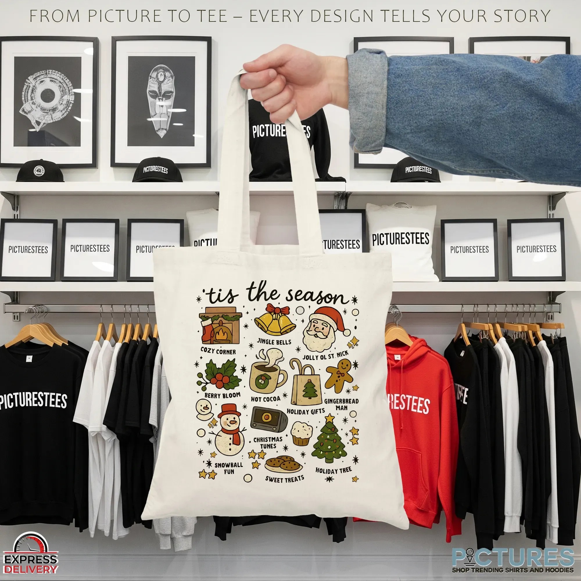 Tis the Season Christmas Icons Holiday Treats, Santa, Tree & Winter Festive Graphic T Shirt