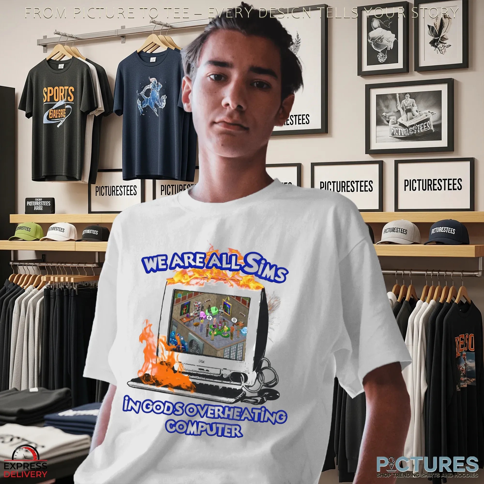 We Are All Sims In God's Overheating Computer Fire T Shirt We Are All Sims In God's Overheating Computer Fire T Shirt