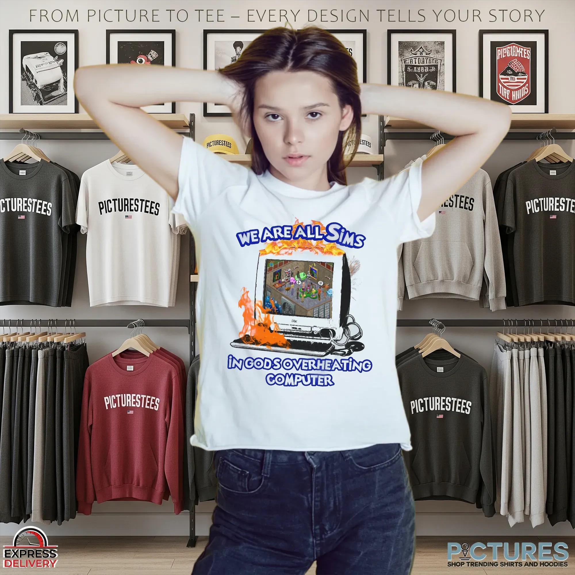 We Are All Sims In God's Overheating Computer Fire T Shirt We Are All Sims In God's Overheating Computer Fire T Shirt