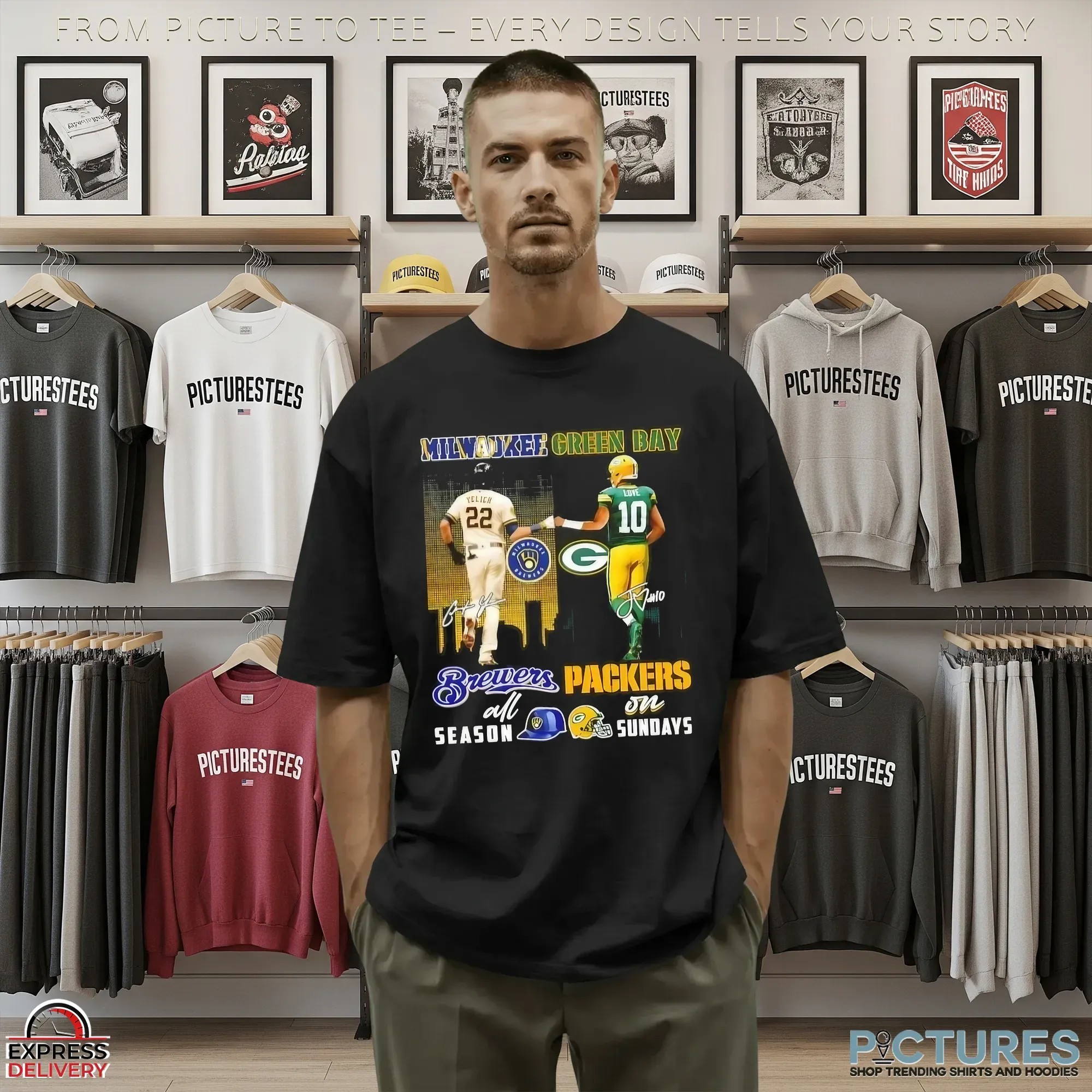 Yelich Milwaukee Brewers All Season X Love Green Bay Packers On Sundays Skyline T Shirt