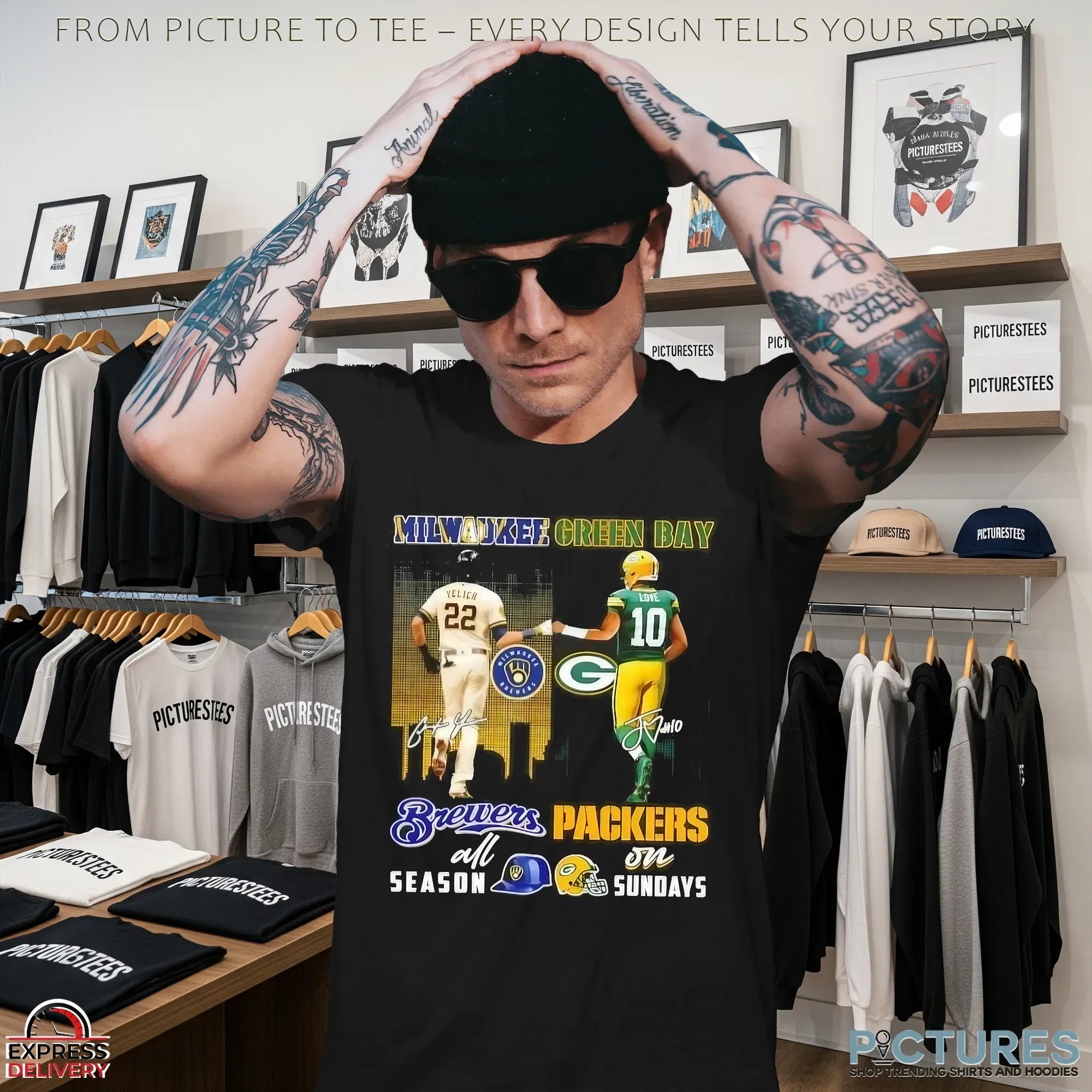 Yelich Milwaukee Brewers All Season X Love Green Bay Packers On Sundays Skyline T Shirt
