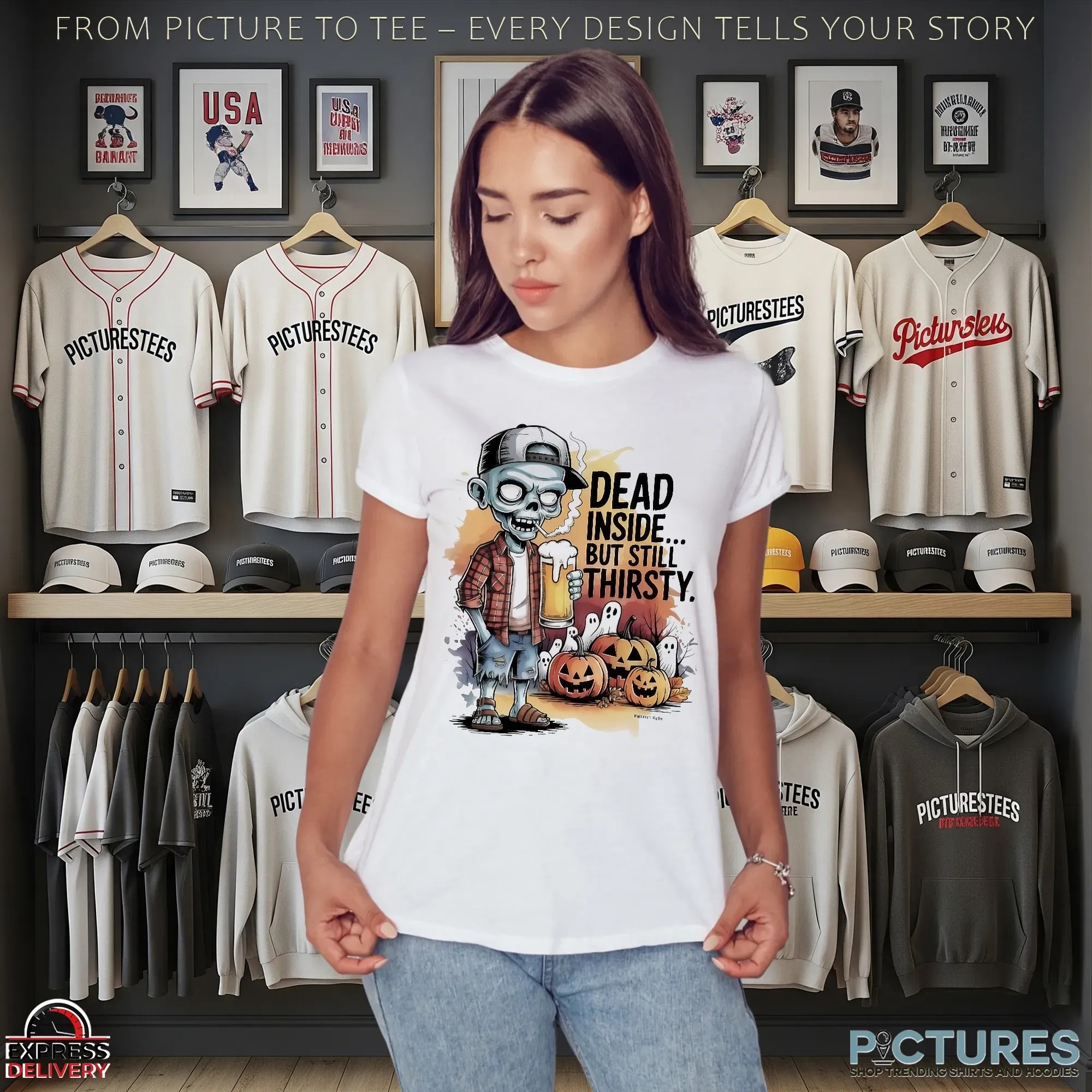 Zombie Dead Inside But Still Thirsty Pumpkin Halloween Beer Lover T Shirt