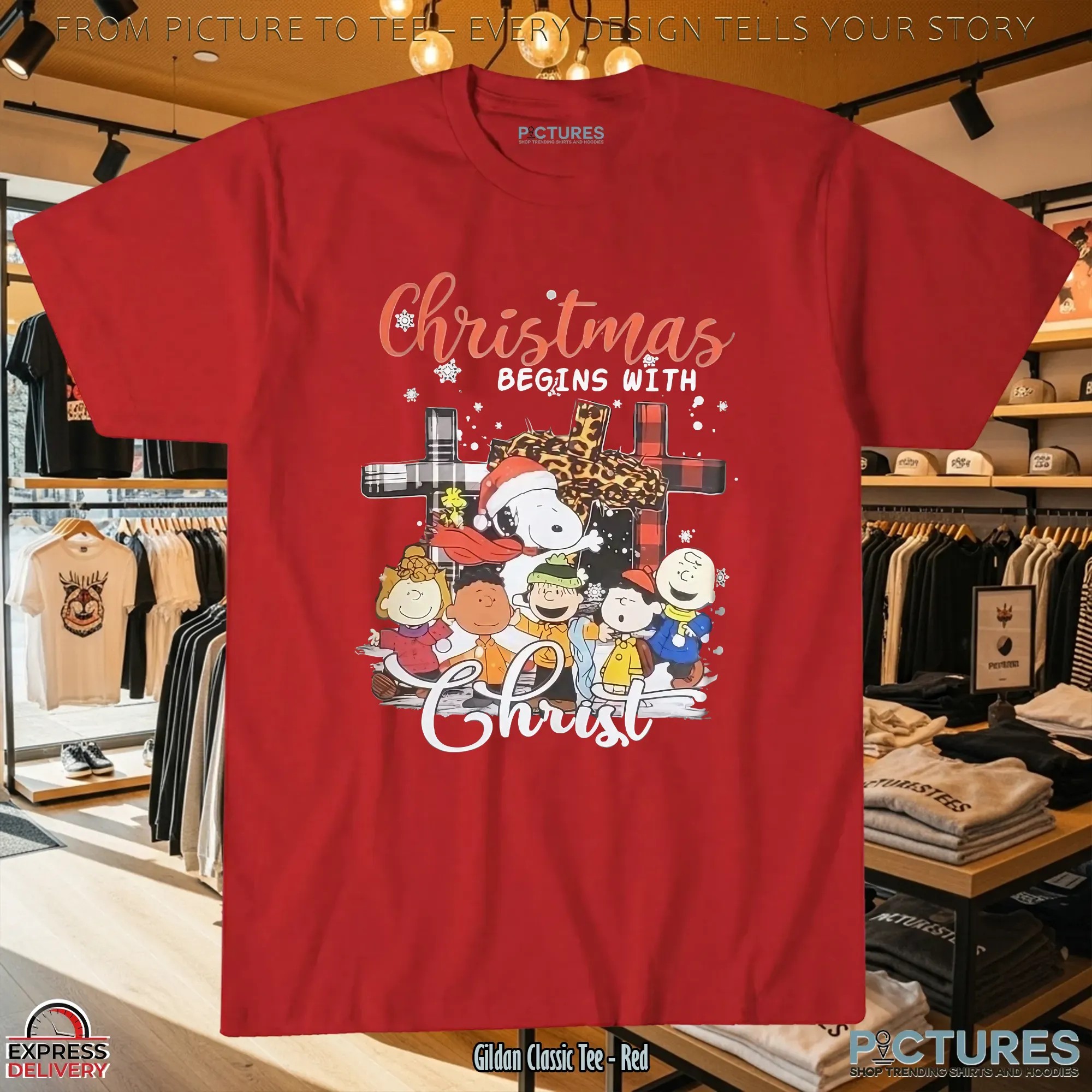 Charlie Brown Snoopy The Peanuts Friends Christmas Begins with Christ T Shirt