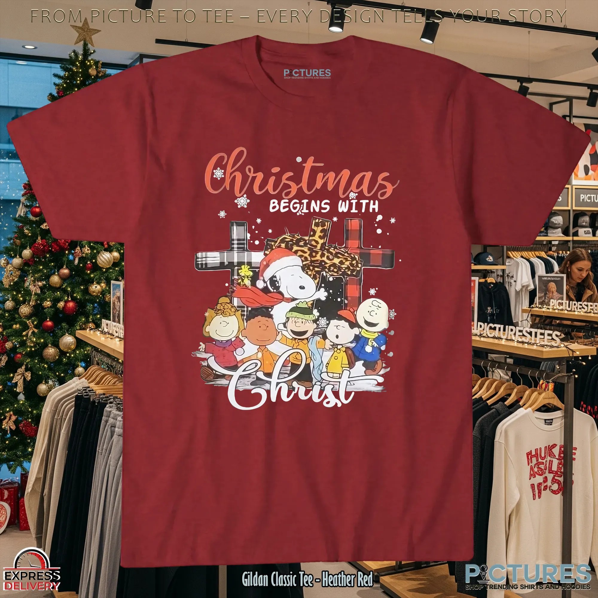 Charlie Brown Snoopy The Peanuts Friends Christmas Begins with Christ T Shirt