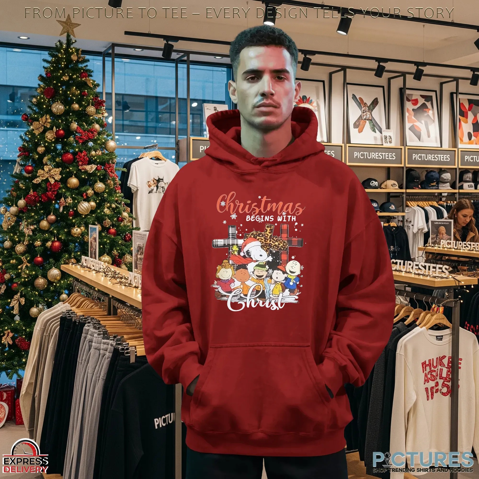 Charlie Brown Snoopy The Peanuts Friends Christmas Begins with Christ T Shirt