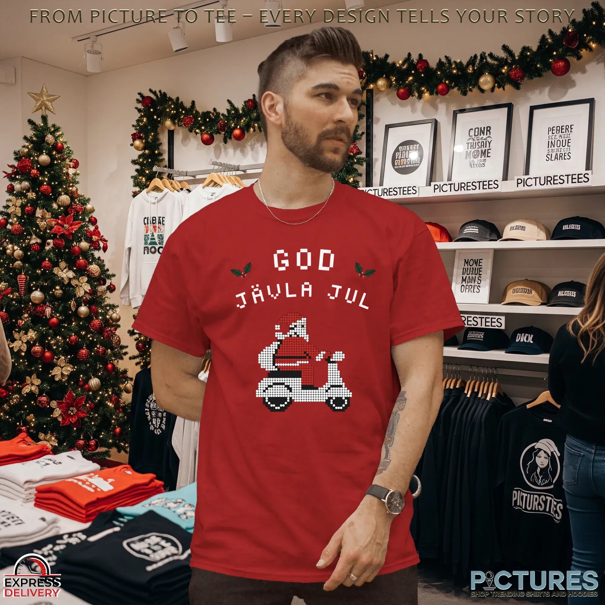 God jävla jul Merry Christmas Santa Driving Motorbike T Shirt