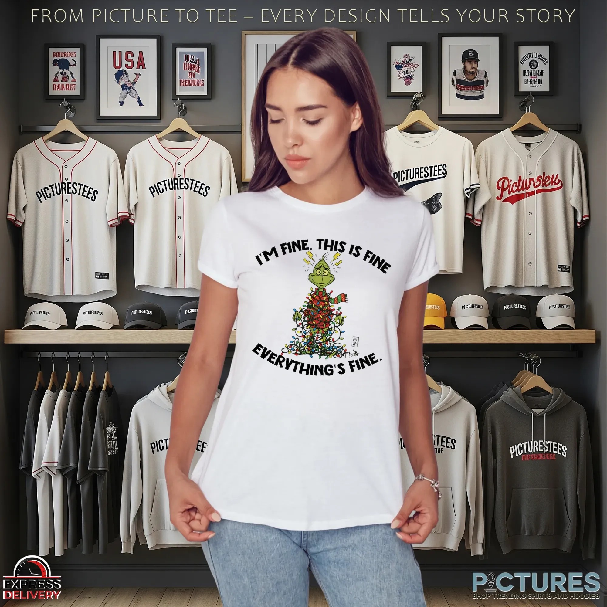 Grinch Christmas Lights I’m Fine This Is Fine Everything’s Fine T Shirt