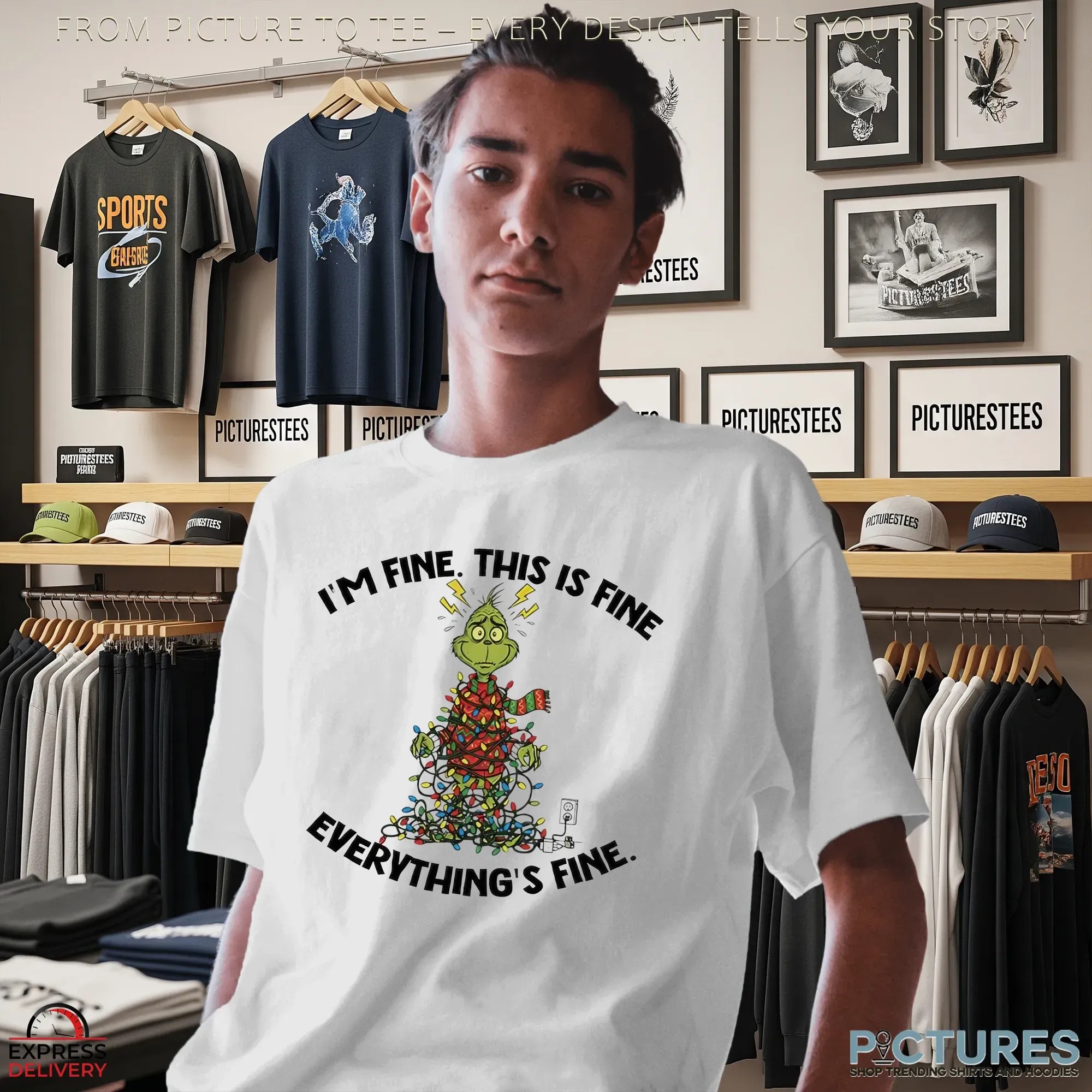 Grinch Christmas Lights I’m Fine This Is Fine Everything’s Fine T Shirt
