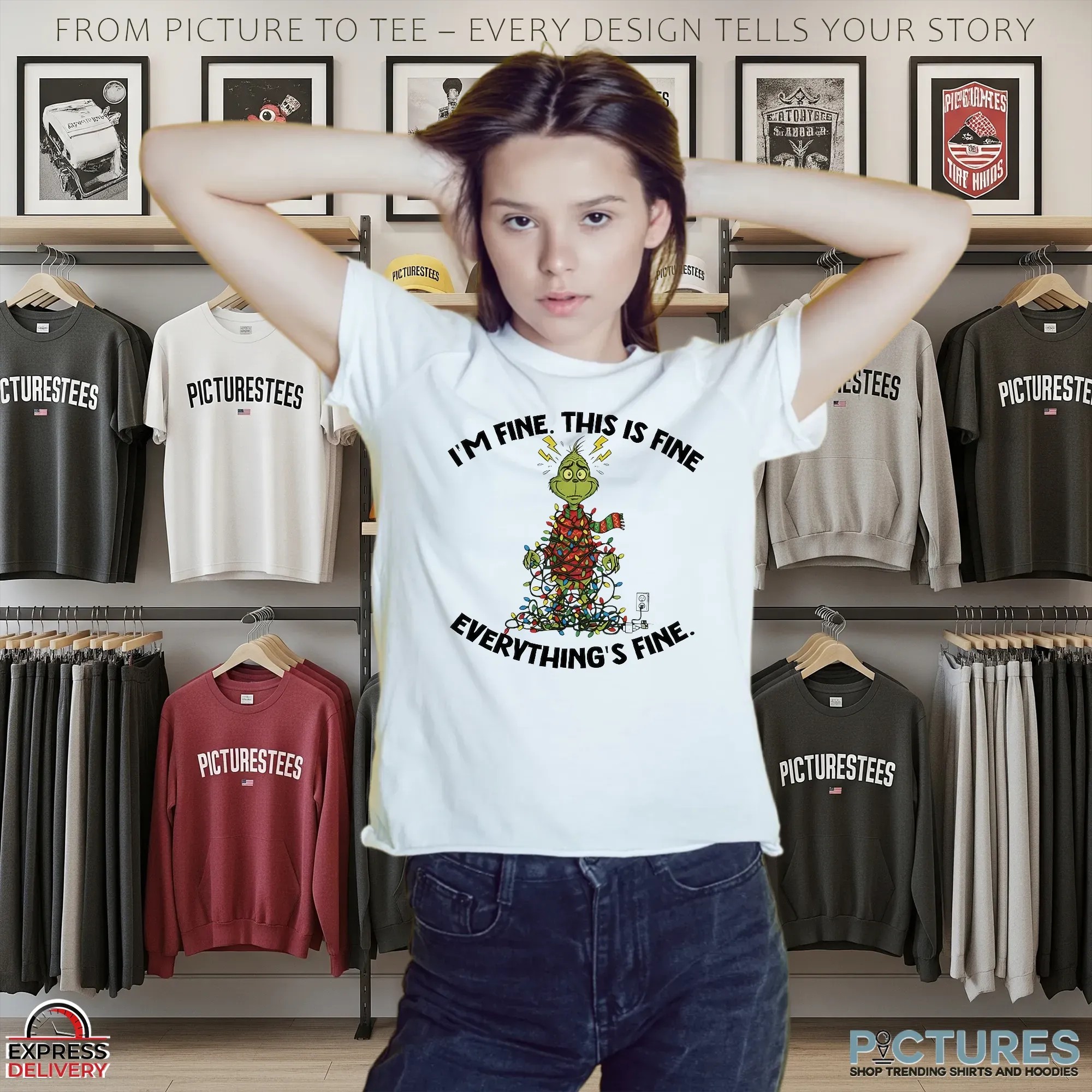 Grinch Christmas Lights I’m Fine This Is Fine Everything’s Fine T Shirt