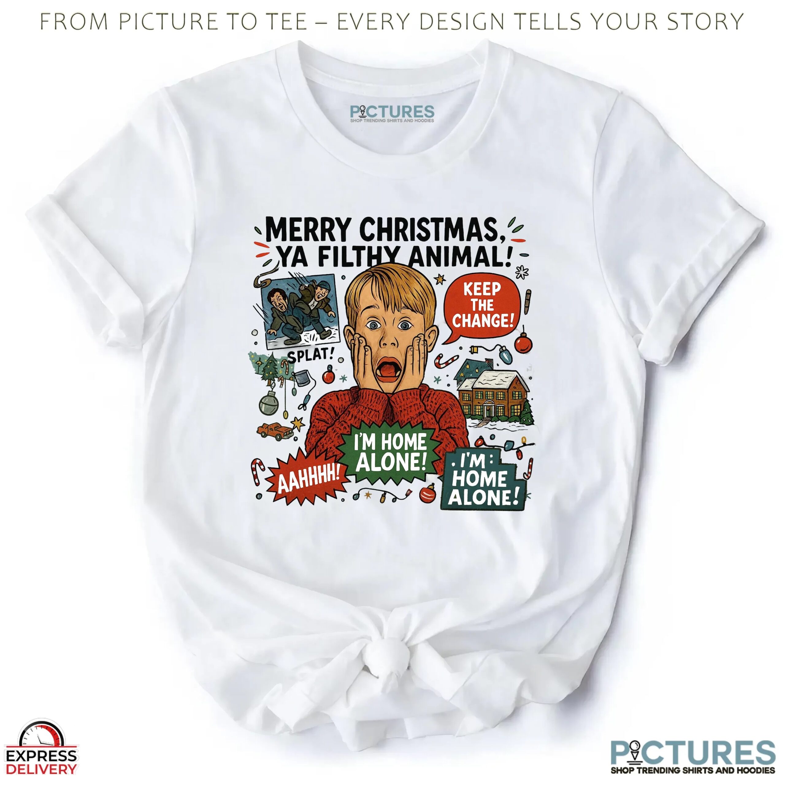 Home Alone Kevin McCallister Merry Christmas Ya Filthy Animal Funny 90s Movie T Shirt