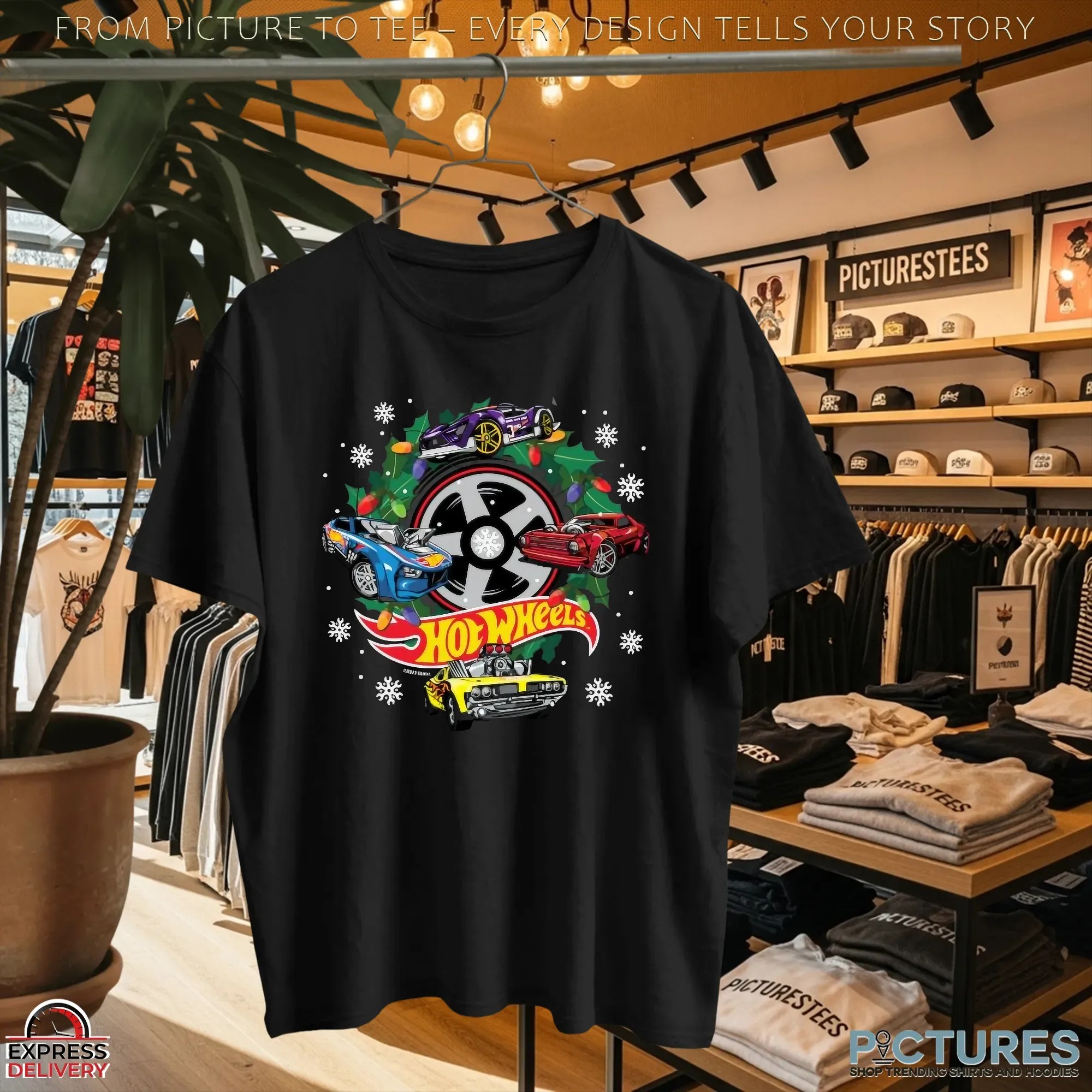 Hot Wheels Christmas Wreath with Lights and Cars T Shirt Hot Wheels Christmas Wreath with Lights and Cars T Shirt
