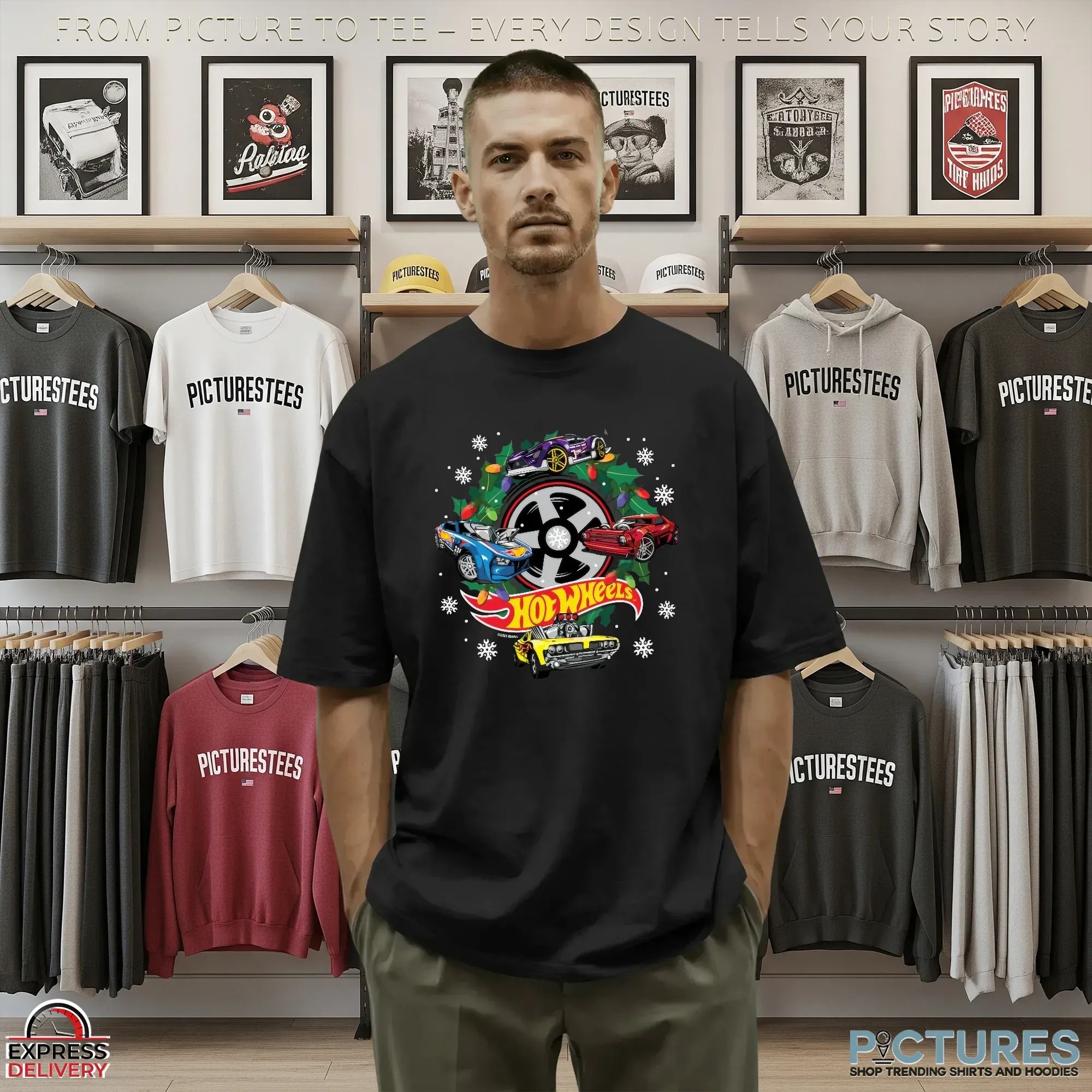 Hot Wheels Christmas Wreath with Lights and Cars T Shirt Hot Wheels Christmas Wreath with Lights and Cars T Shirt