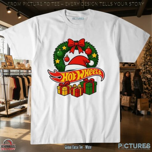 Hotwheels Christmas Laurel Wreath Santa Hat Gift T Shirt