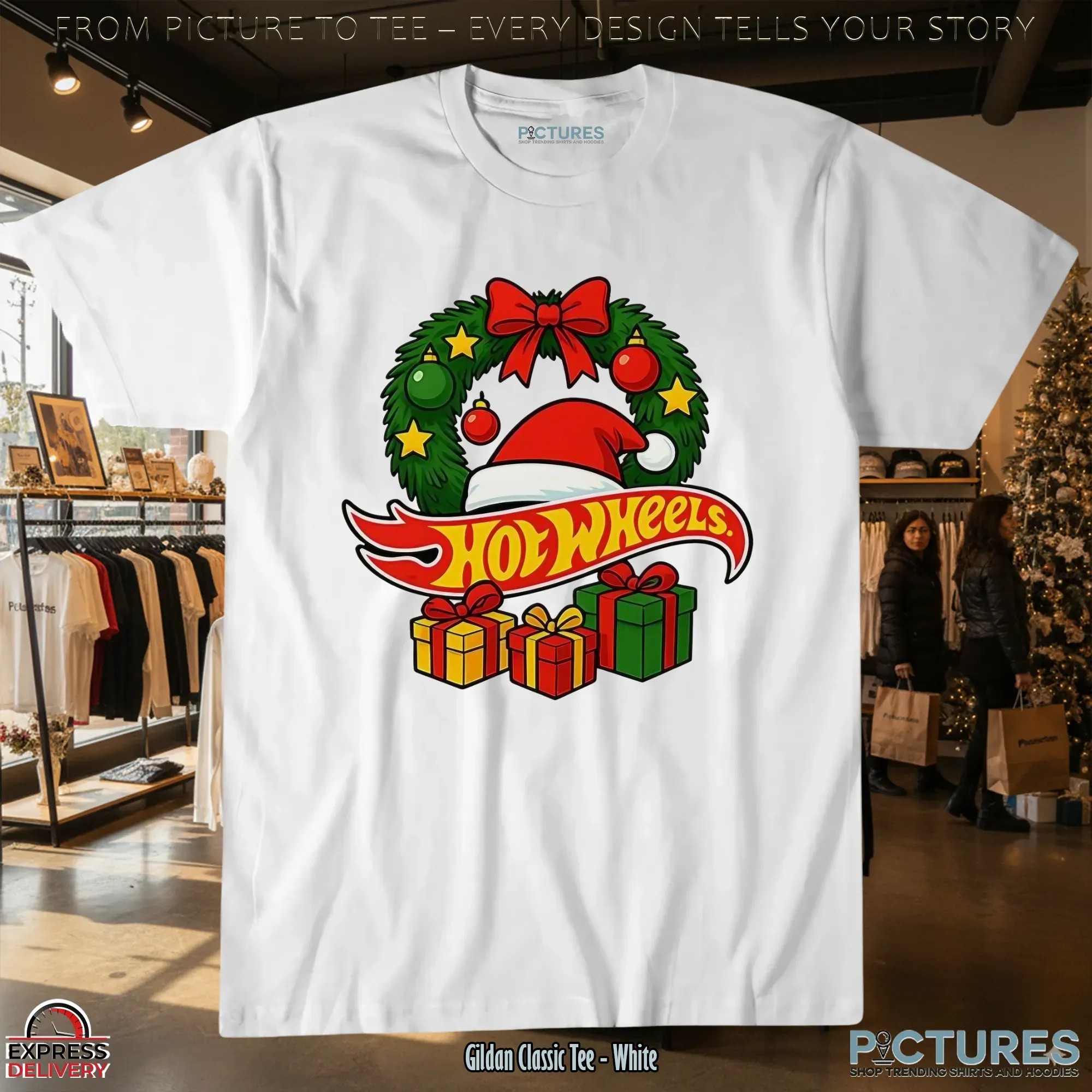 Hotwheels Christmas Laurel Wreath Santa Hat Gift T Shirt