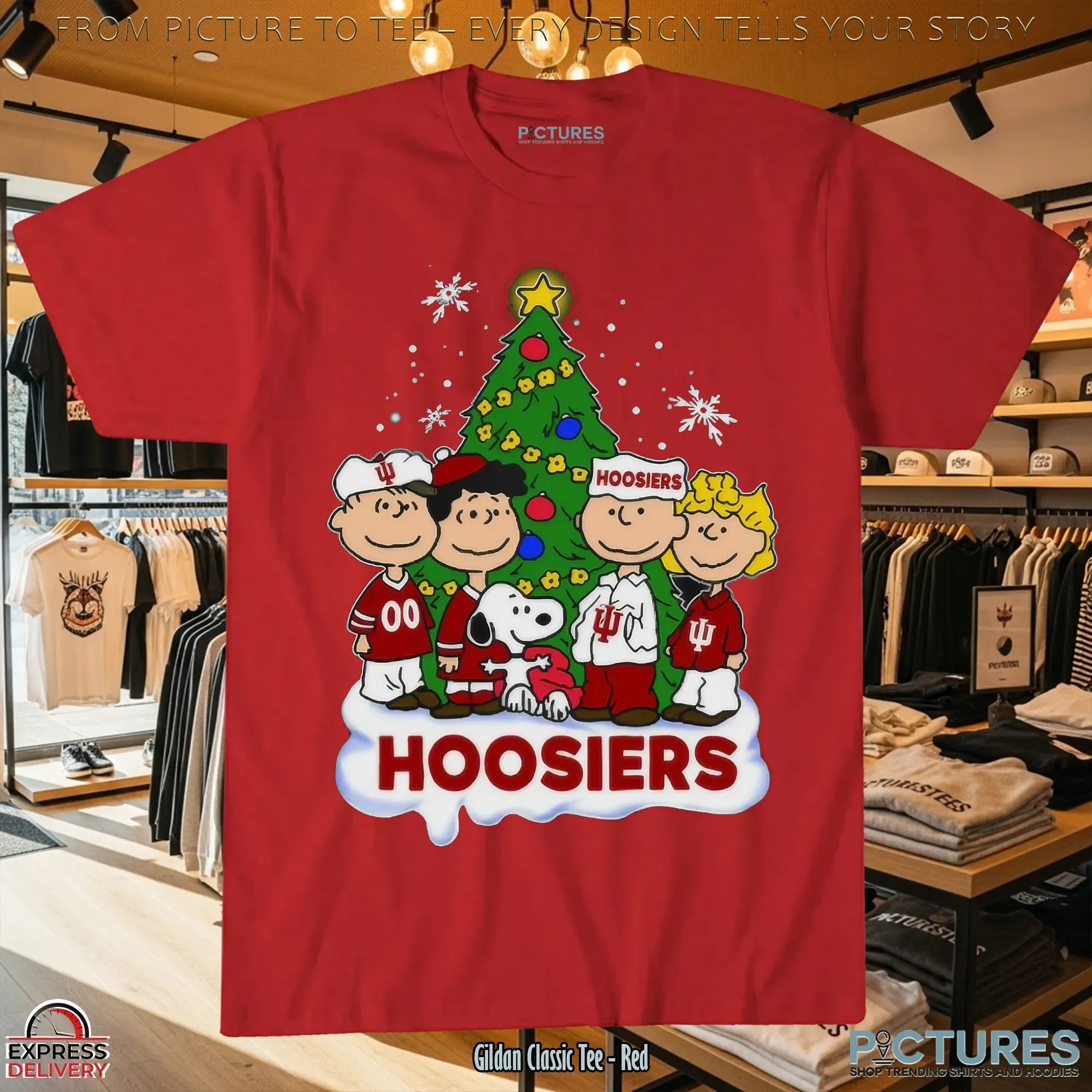 Indiana Hoosiers x Peanuts Snoopy and Friends With Christmas Tree T Shirt