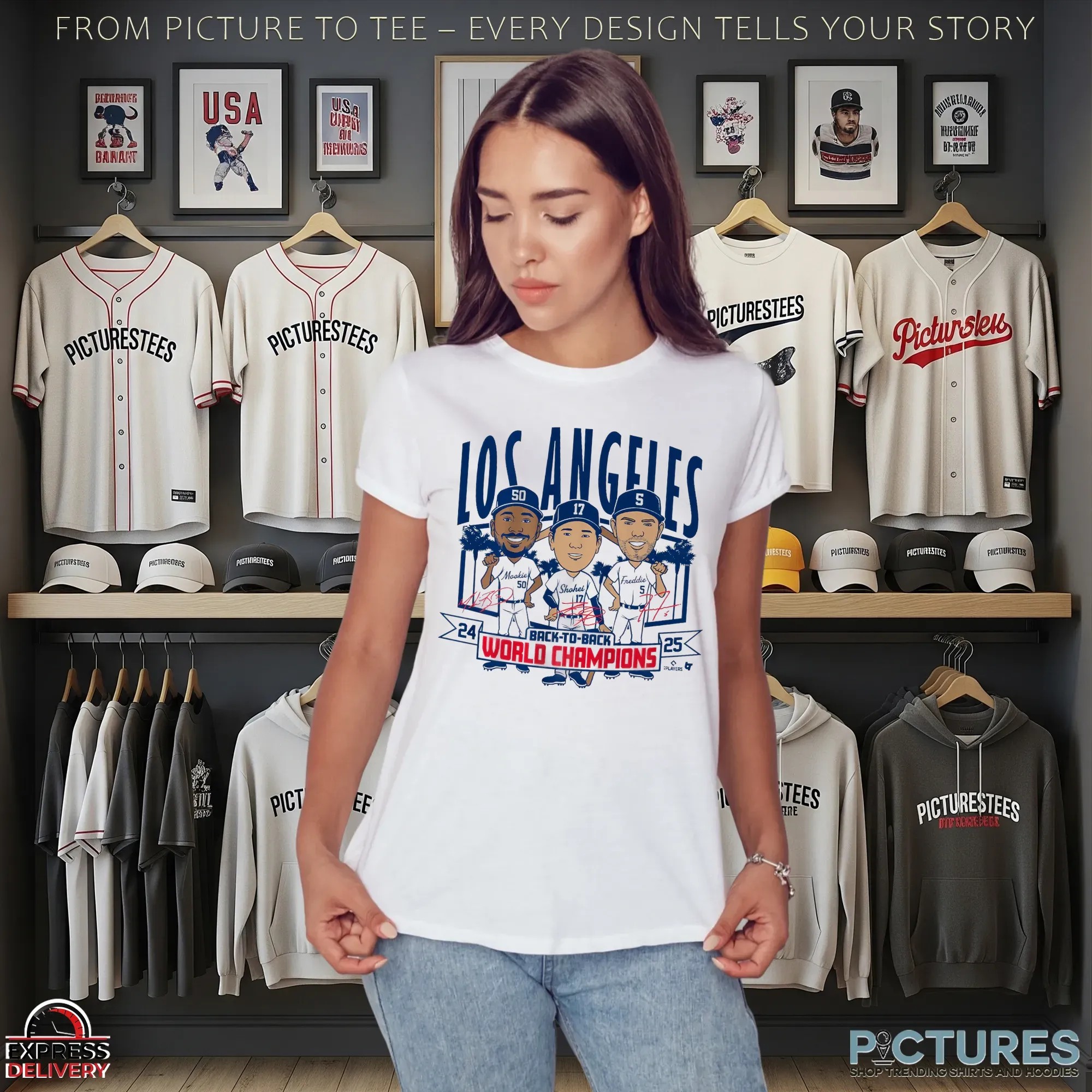 Los Angeles Baseball Back-to-Back World Champs Caricatures Signatures T Shirt