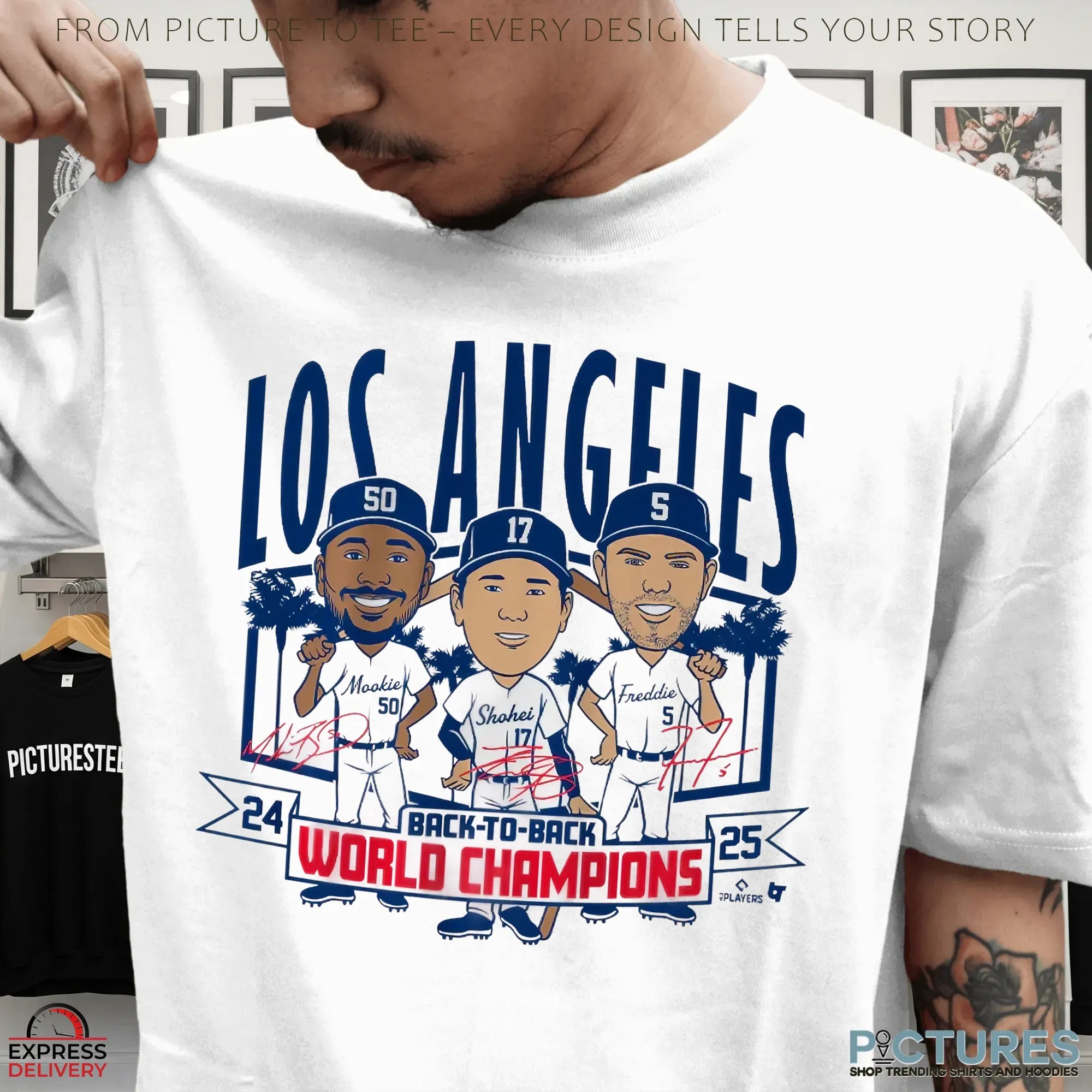 Los Angeles Baseball Back-to-Back World Champs Caricatures Signatures T Shirt